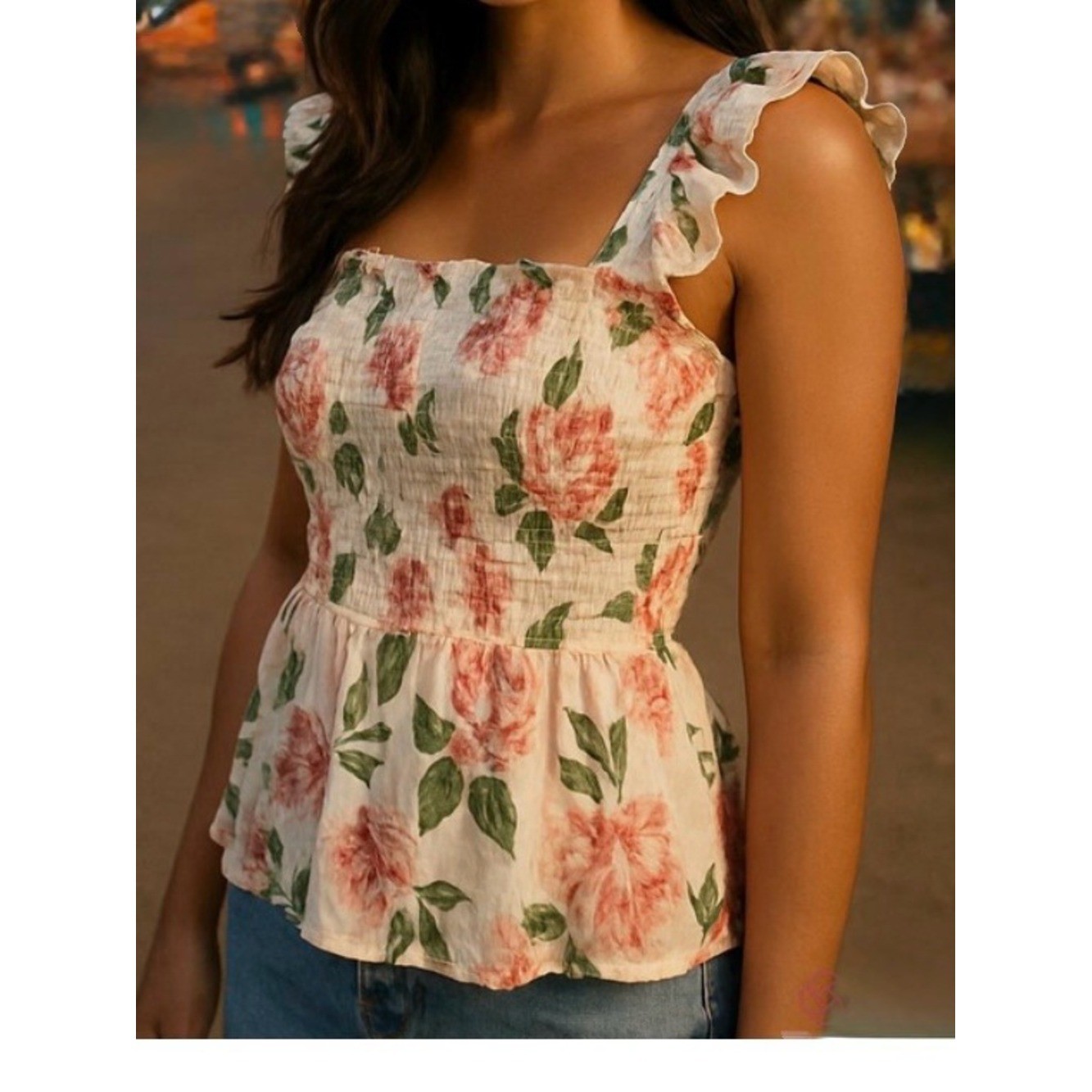 White and Pink Floral Smocked Peplum Ruffle Sleeve Tank Top Size large.