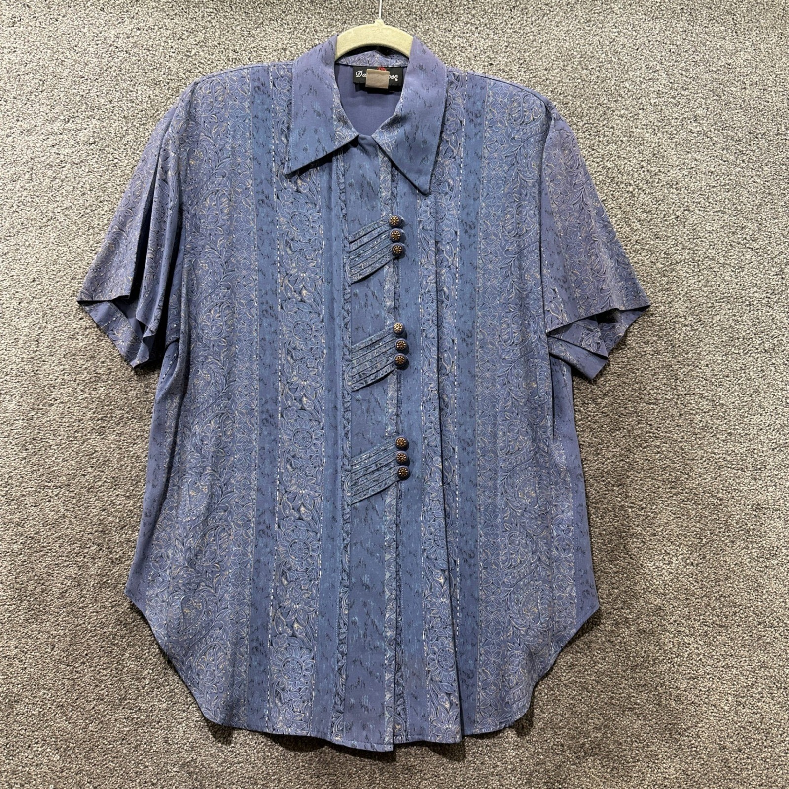 VTG 80s David Rose Blouse Top Women 6 Blue Floral Damask Short Sleeve Button Up