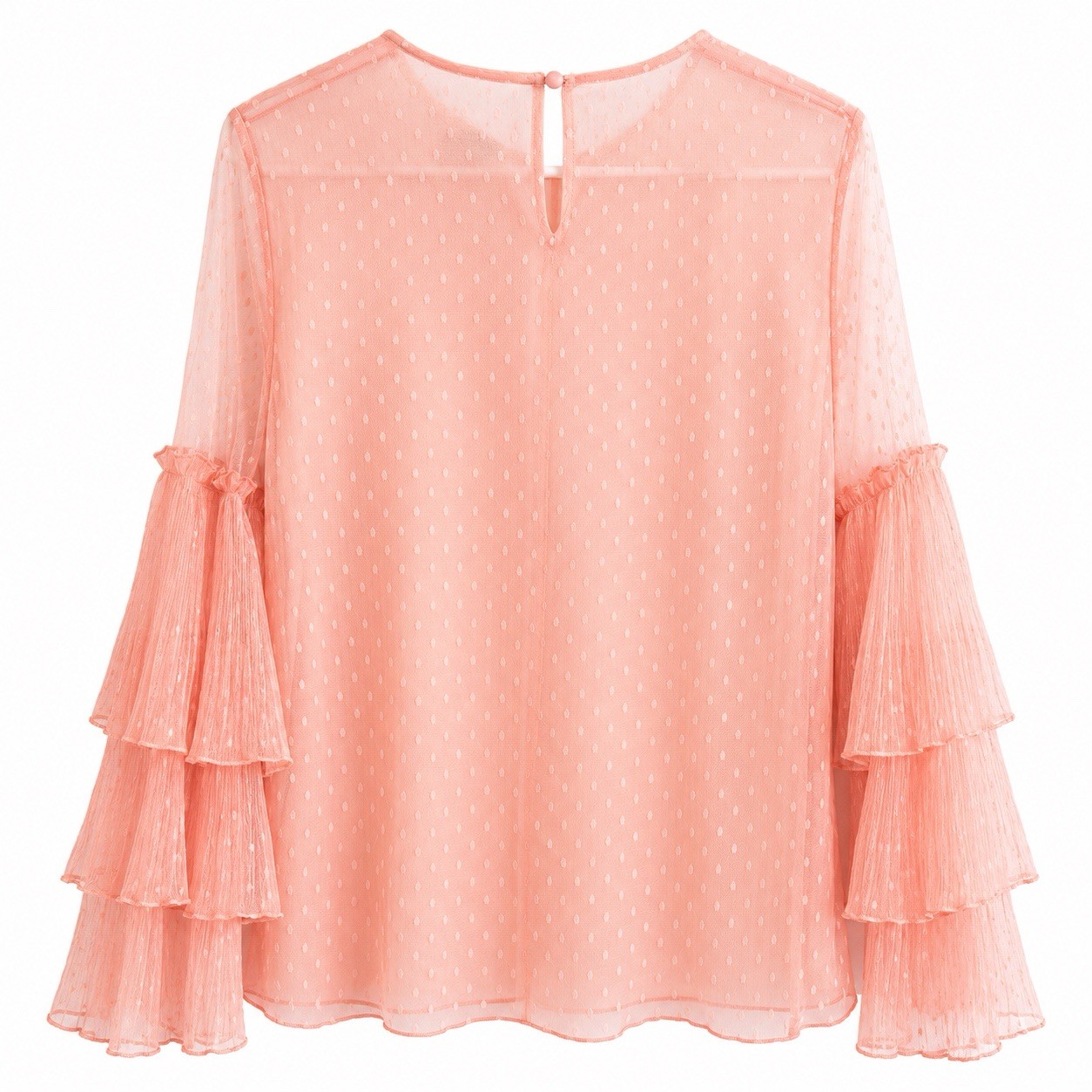 Nasty Gal Women’s Pink Mesh Sheer Polka Dot Ruffle Round Neck Blouse US 10