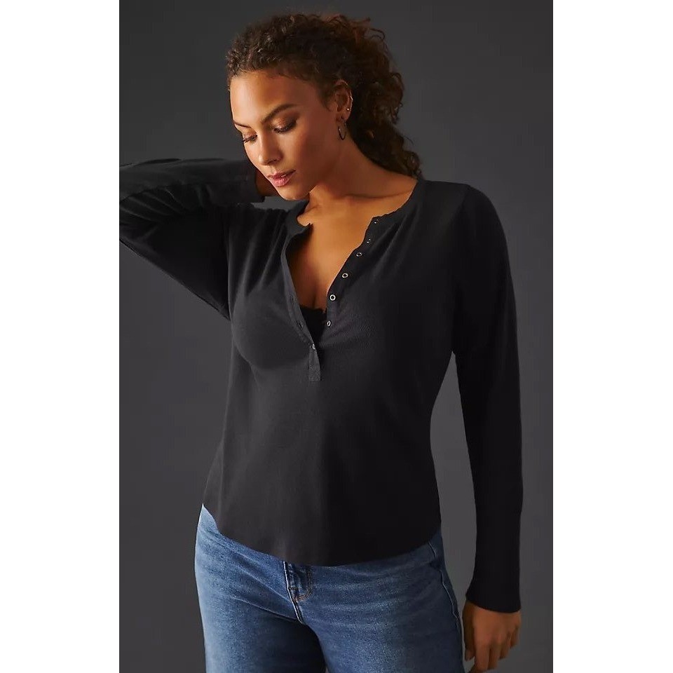 Pilcro Henley Top Women XL Black Long Sleeve Button Front Gothic Athleisure