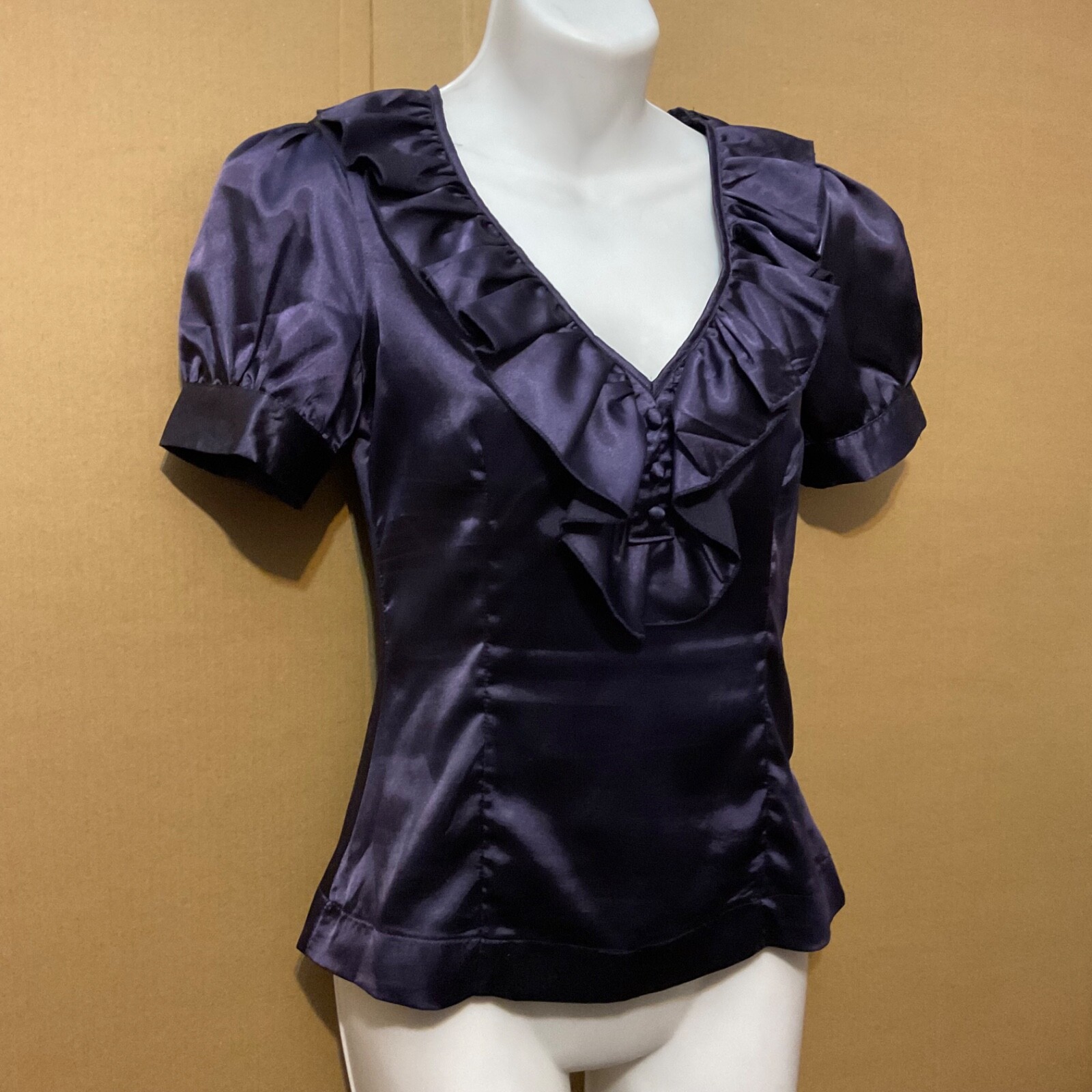 Goth Edwardian Victorian Style Short Sleeves Ruffle Shiny Purple Blouse Top Sz S