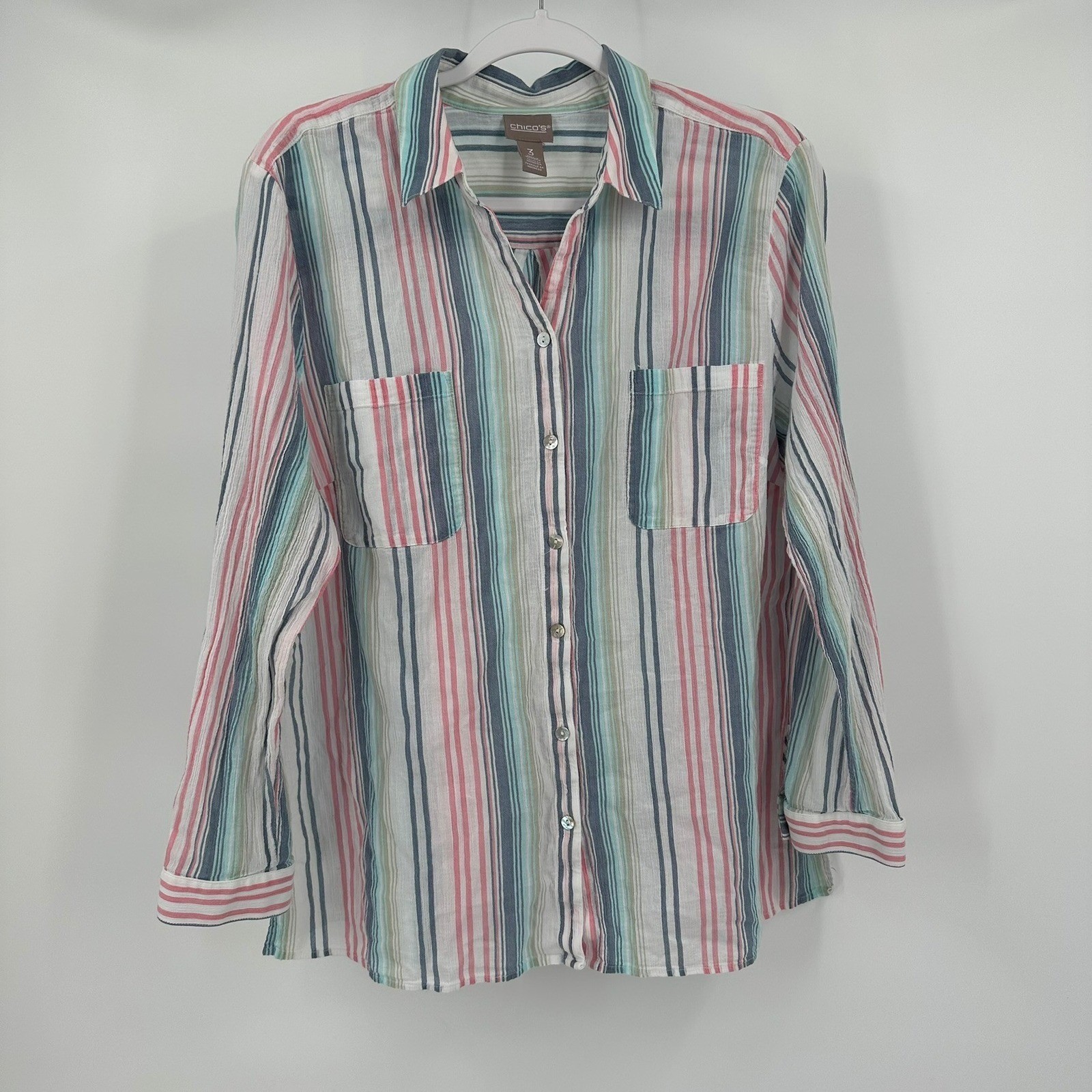 Chicos Womens Rainbow Striped Top Size 3 US XL Preppy Nautical Coastal Beachy
