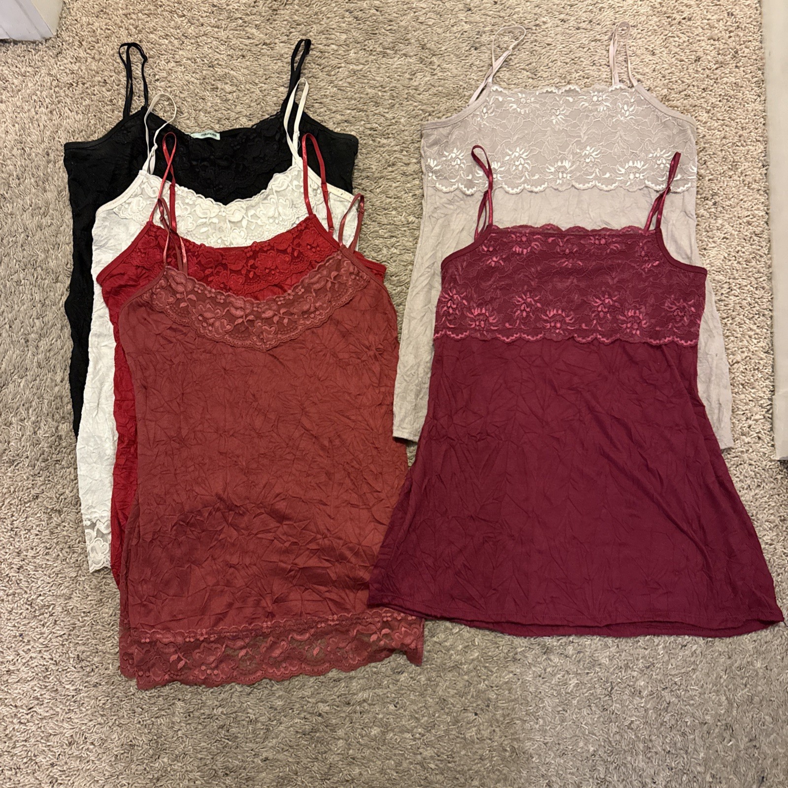 Lot of 6 Maurices Cami Womens L Crinkle Y2K Style Long Lace Tank Top Stretch