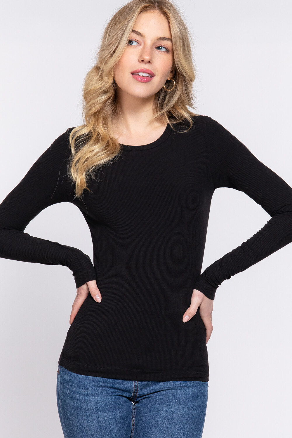 Womens Long Sleeve Crew Neck Soft Ribbed Fitted Top T-Shirt Slim Fit
