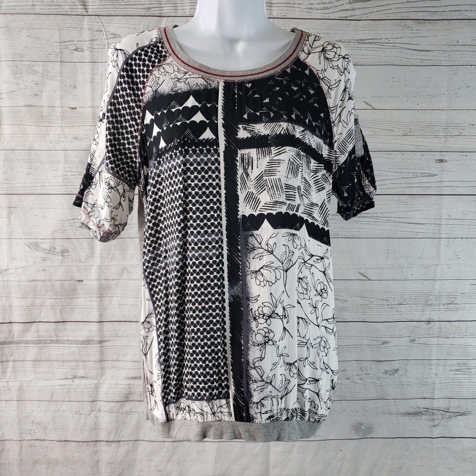 Cecil Womens Printed Top Sz Medium Black Gray Floral Short Sleeve Cotton Blend