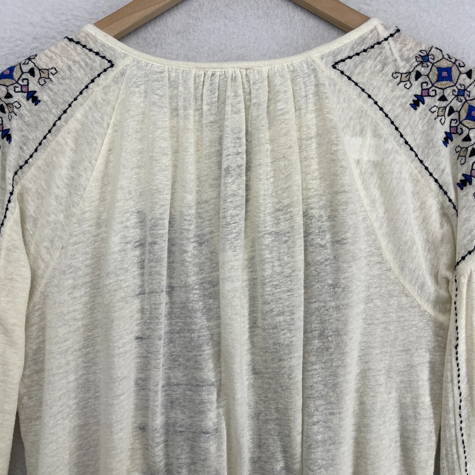 LUCKY BRAND Top S Boho Peasant Tunic Tassel Tie Slub Linen Blend Off White