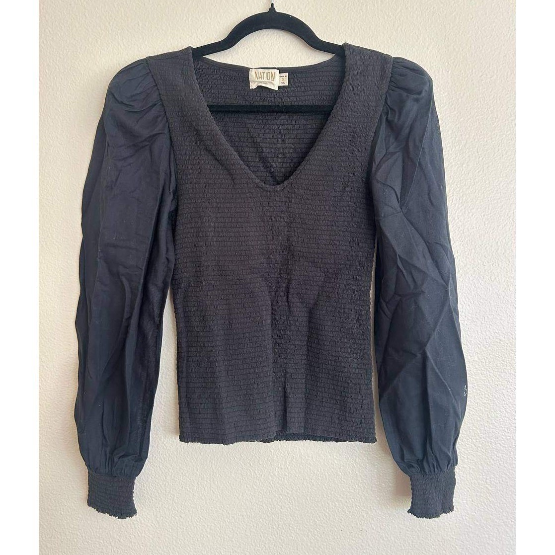 Nation LTD Della Tee Jet Black Pima Cotton Blouse S Boho Romantic Y2K Coquette
