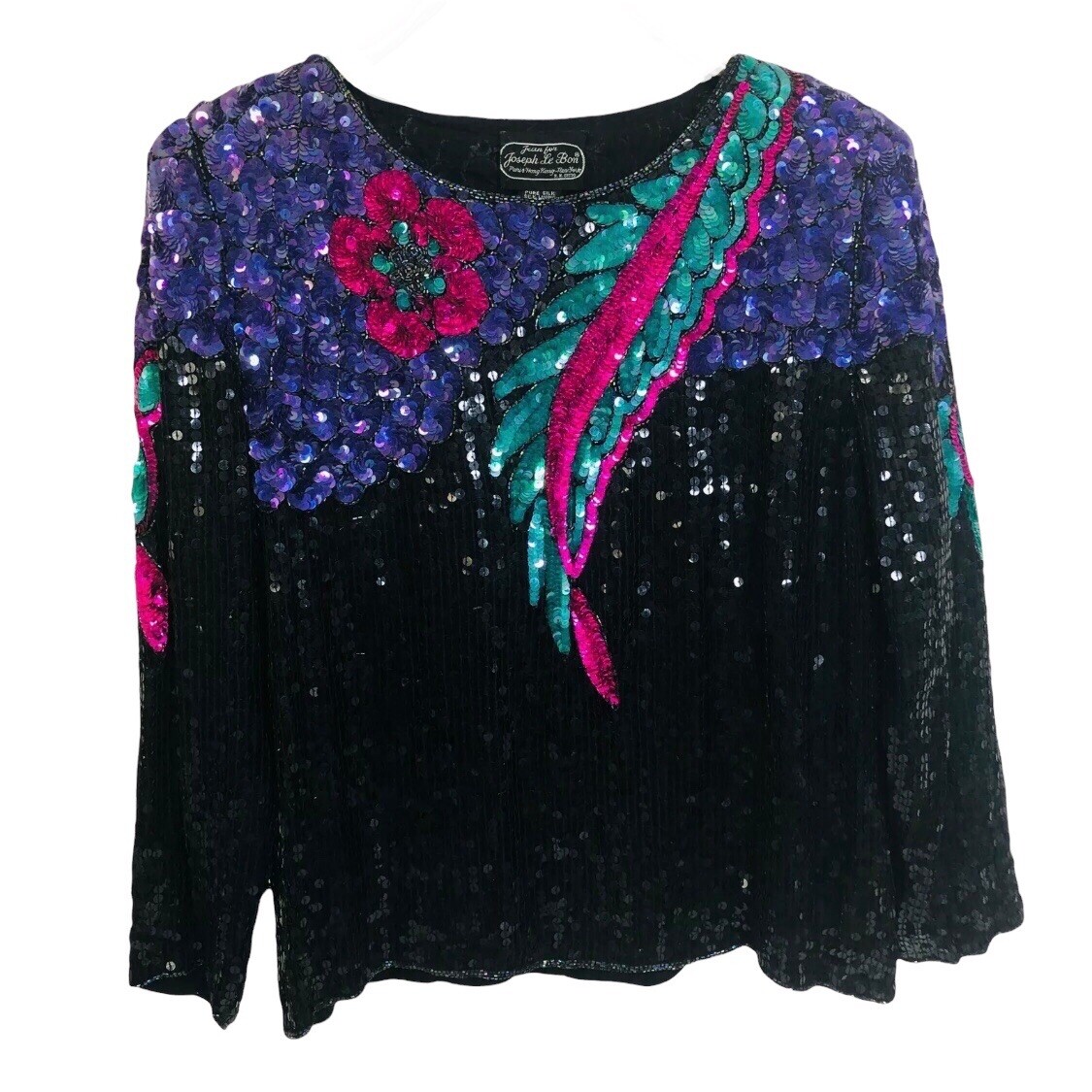 Vtg 80s Jean for Joseph Le Bon Silk Sequined Top Womens Large Beaded Retro Glam
