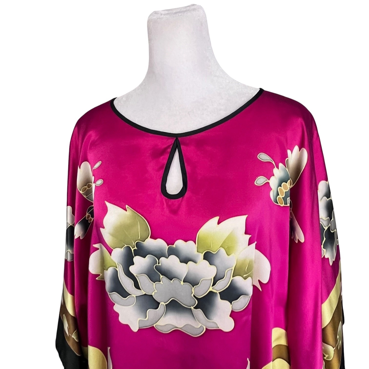 100% Mulberry Silk Pink Peony Floral Kaftan Blouse One Size Fits Most