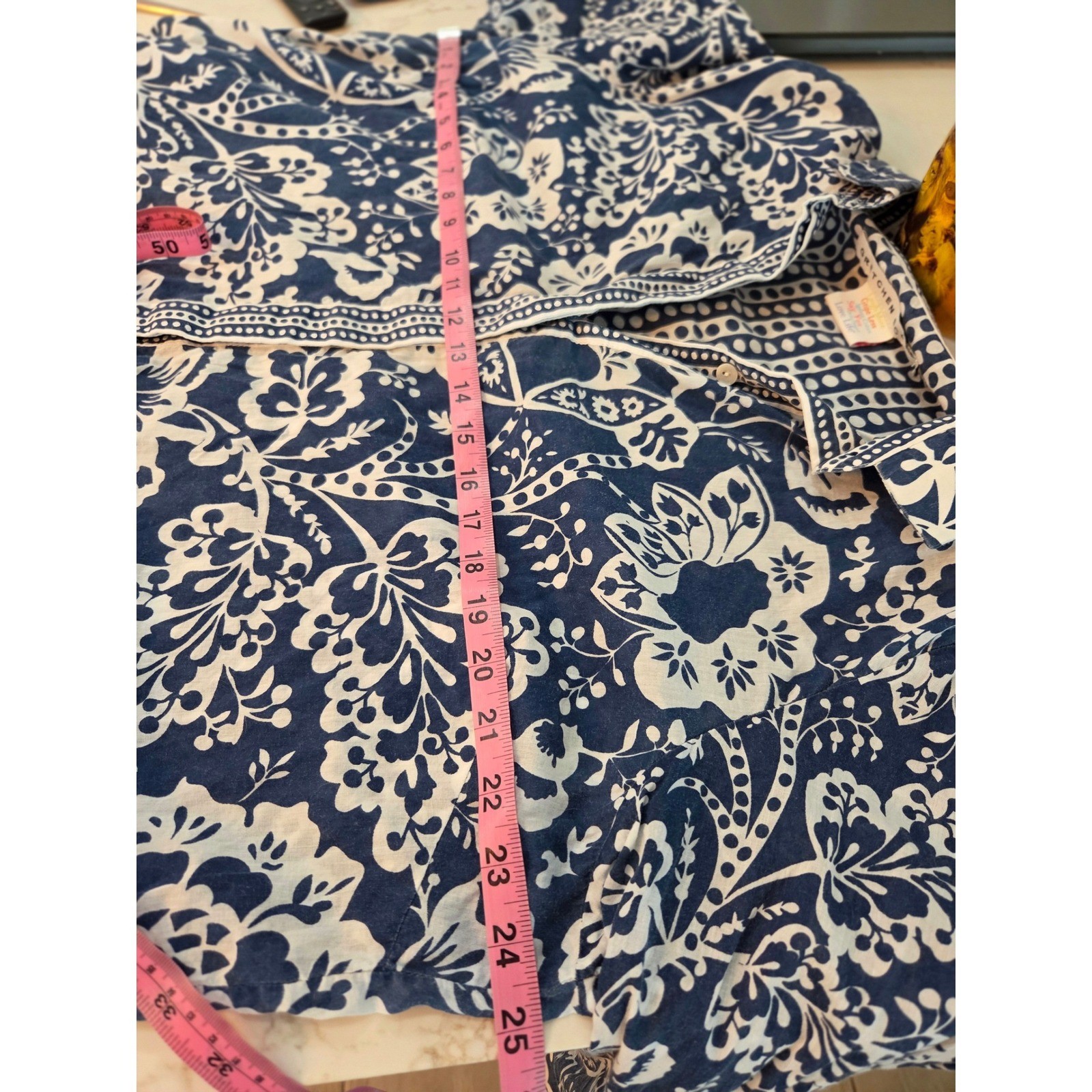 Gretchen Scott Button Down Shirt XL Blue White Floral Cotton Contrast Cuffs
