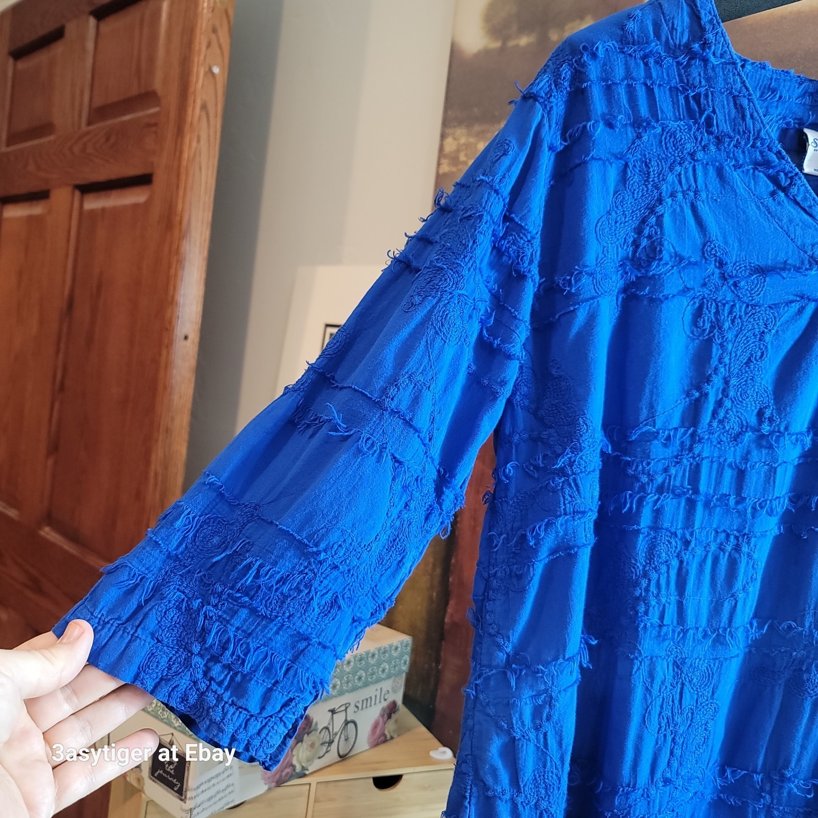 Vintage Sea Breeze Royal Blue Tunic Top Embroidered Gauze 100% Cotton M USA Made
