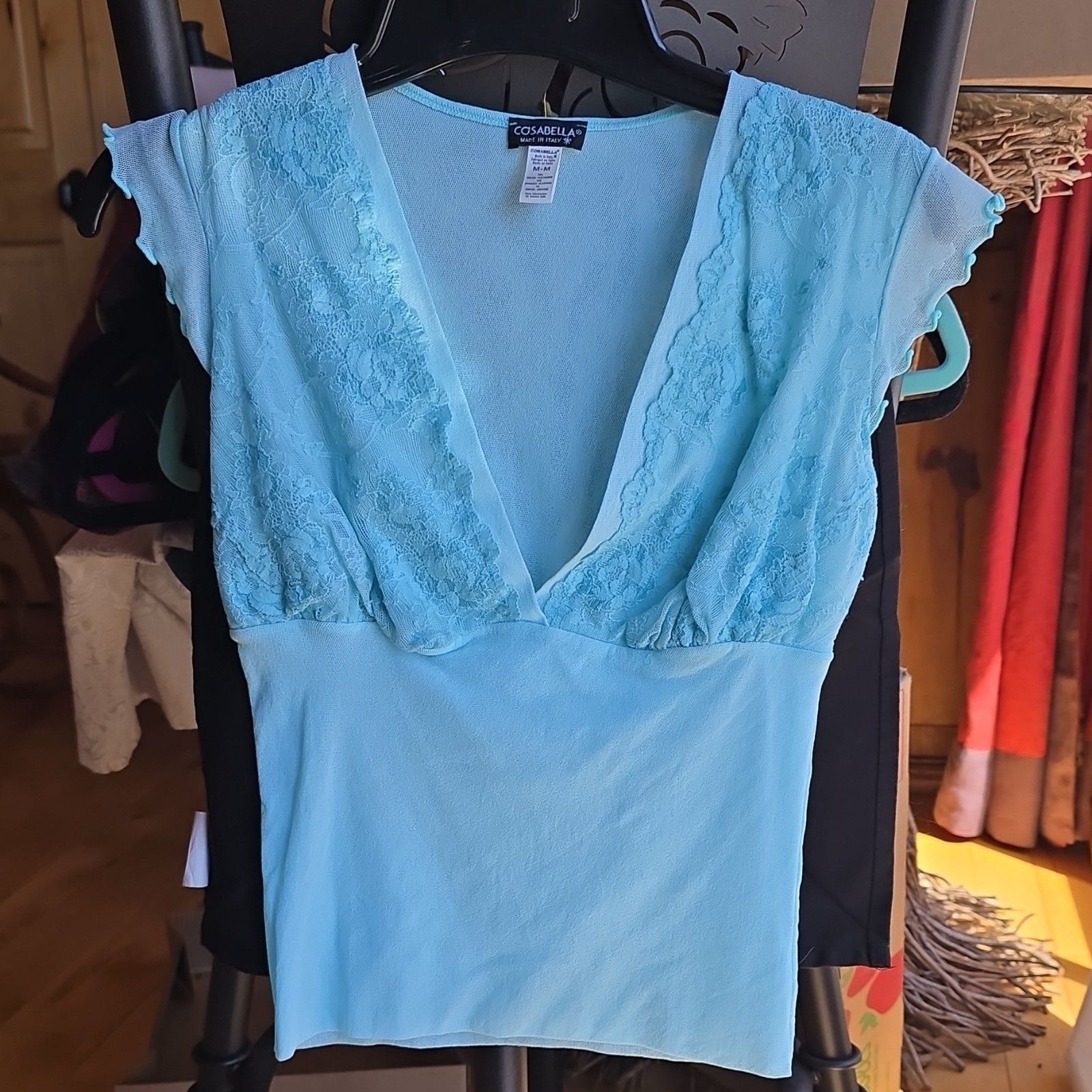 Cosabella Light Blue Lace Deep V Cap Sleeve Blouse Women’s Size M