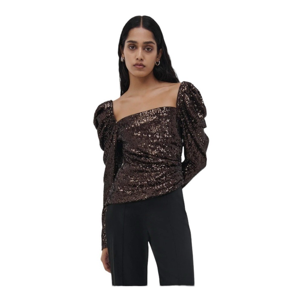 Jonathan Simkhai Sequin Puff Sleeve Top Brown Glam Party Size 12
