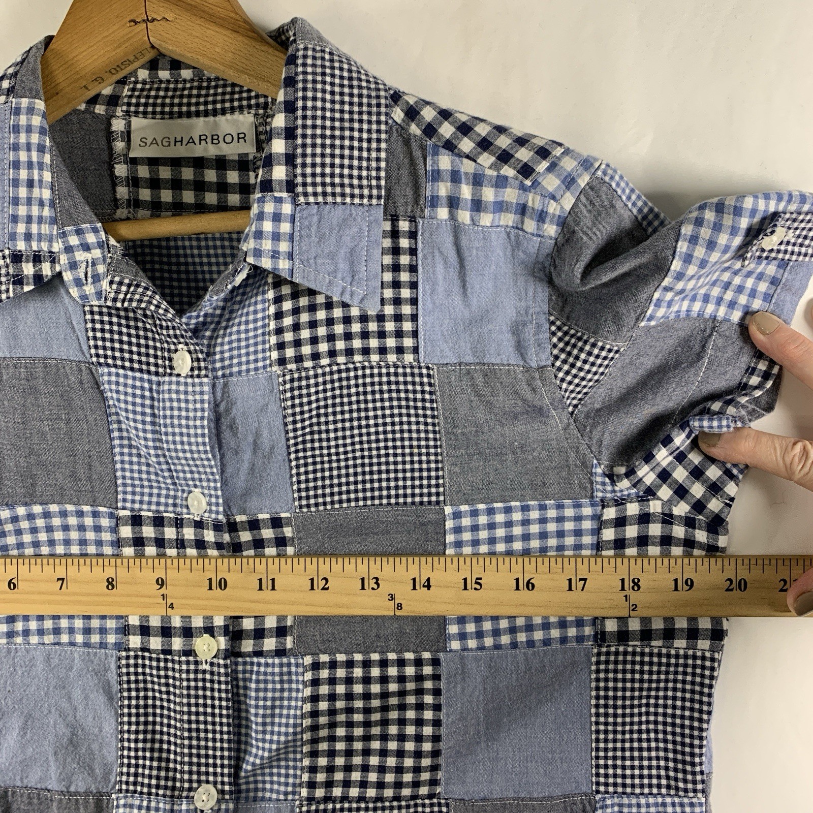 Womens Patchwork Plaid Short Sleeve Button Top Sz S Boxy Farm Cottage Americana