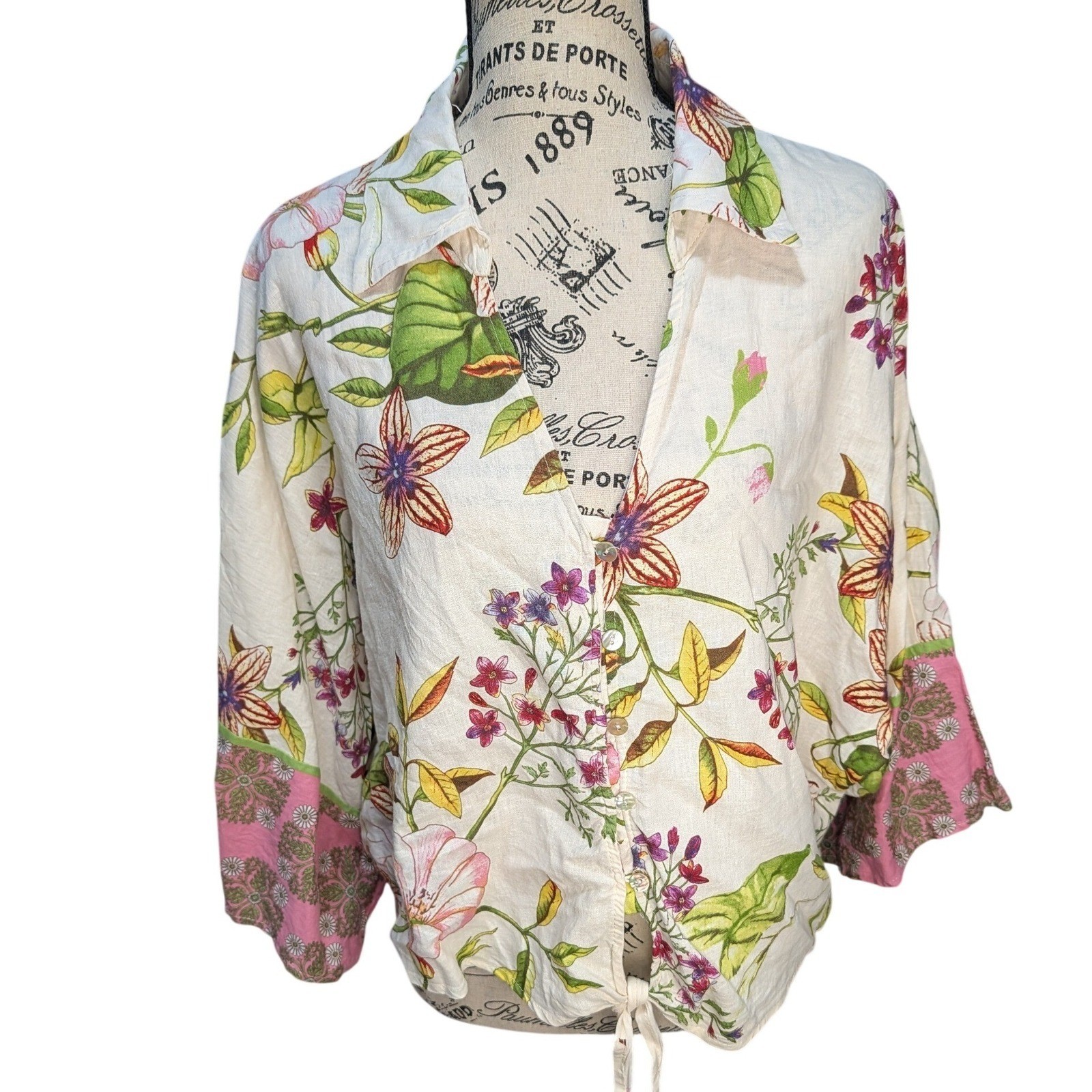 Christian Siriano Floral Linen Blend Tie Front Button Down Shirt Cream Pink XL