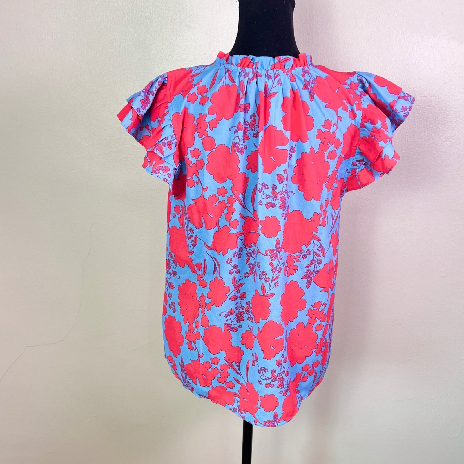 Sugarlips Thea Flutter Sleeve Blouse M Blue Pink Tropical Floral Dopamine Barbie