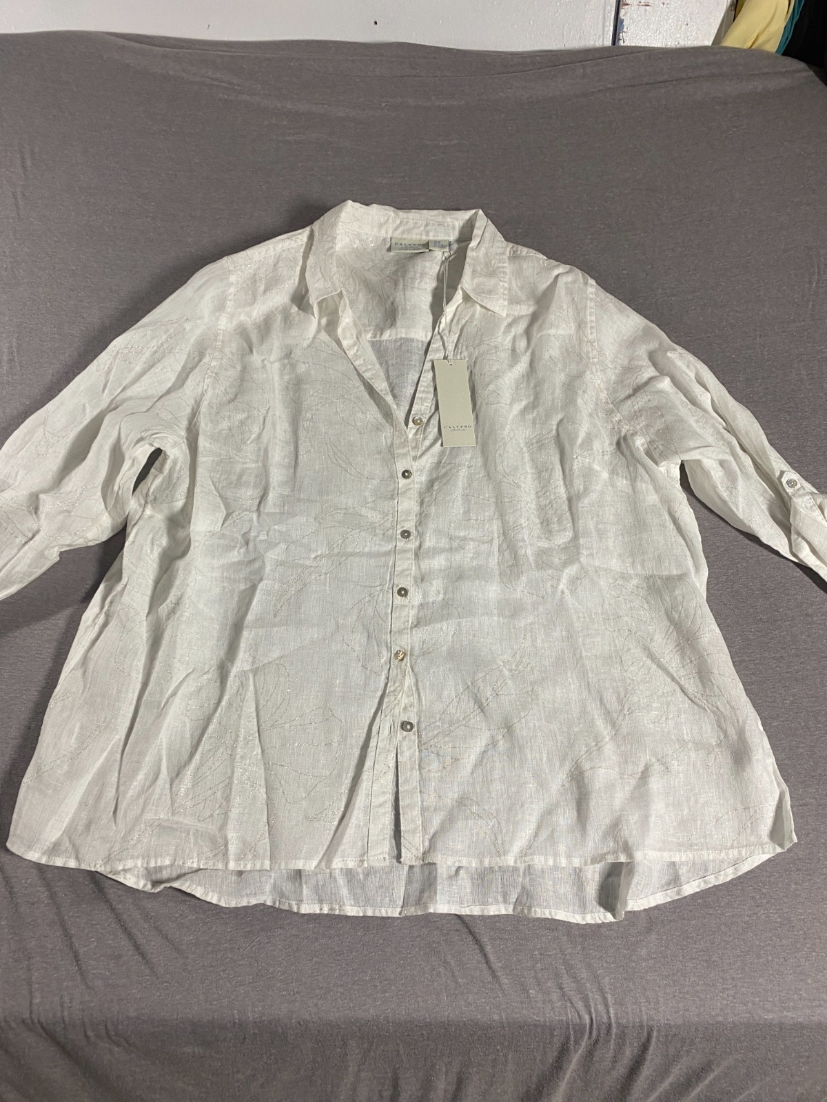 Calypso St. Barth Blouse NEW Women 3X 100% Linen White Silver Metallic Accent