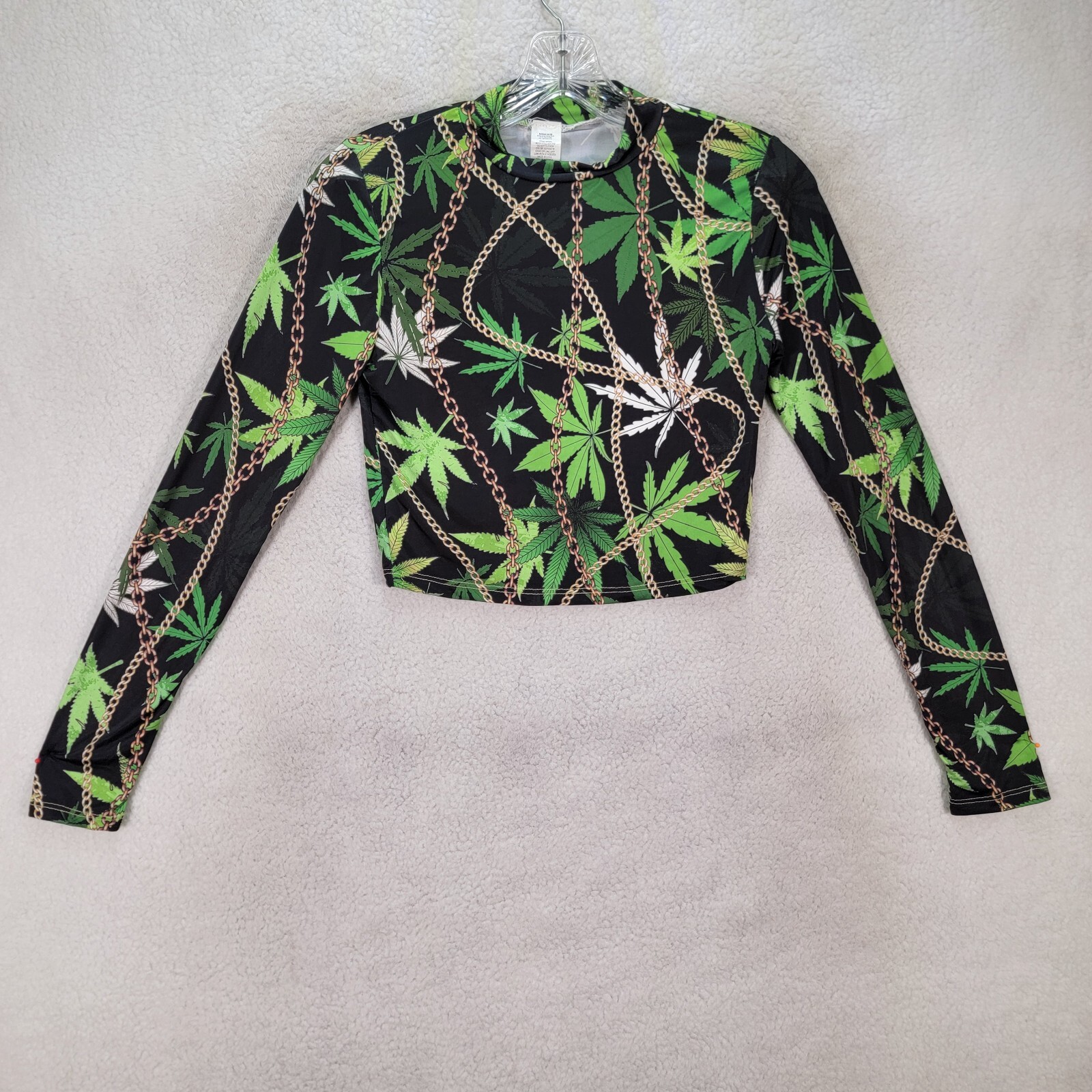Ninexis Black Mesh Chains Leaf Sexy Canna Festival Crop Top Womens Blouse Size S