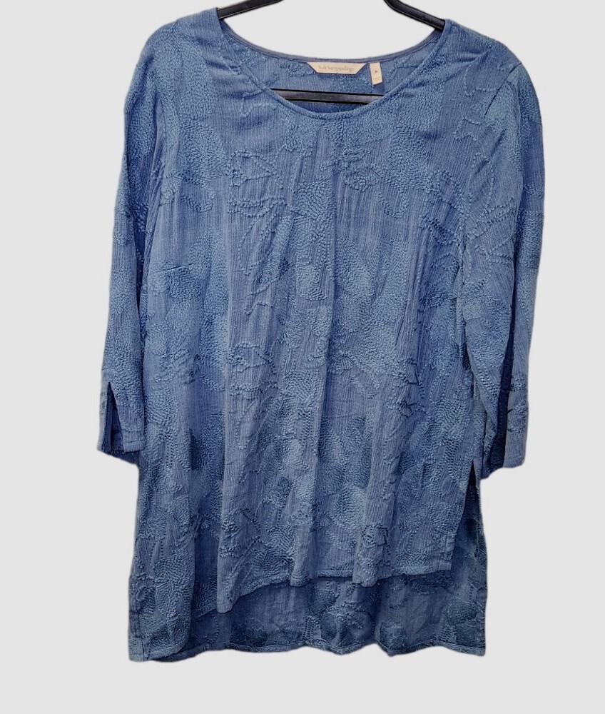 Soft Surroundings M Round Neck Embroidered Cecile Tunic in Deep Water Blue 0819