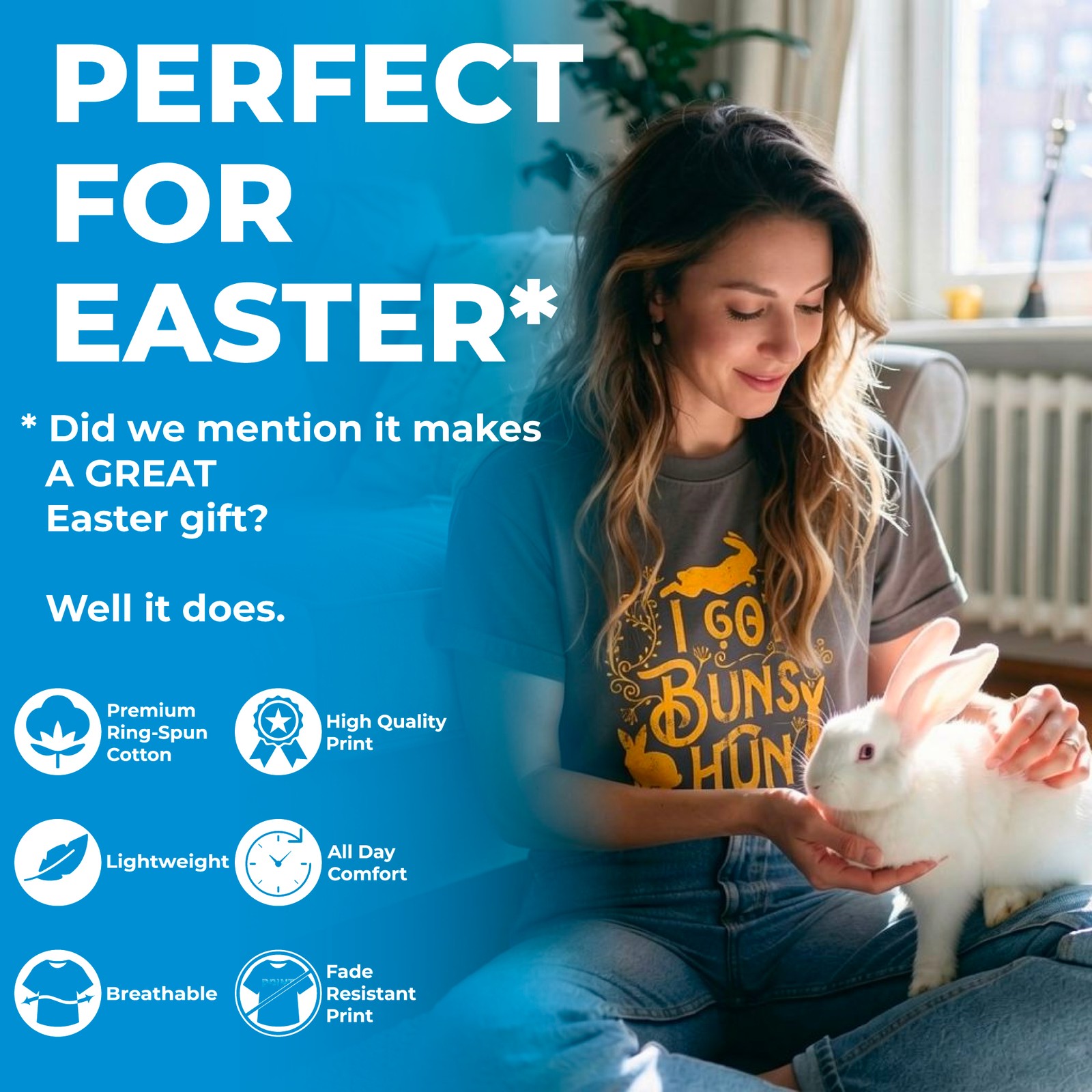 Womens Big Bunny T Shirt Funny Cute Easter Sunday Rabbit Tee for Ladies