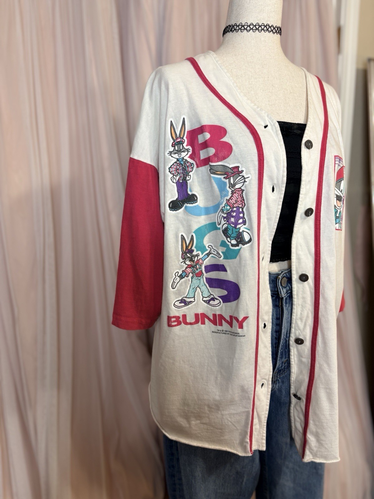 Sun Sportswear Vintage Bugs Bunny Graphic Print Baseball Button Front Top XL