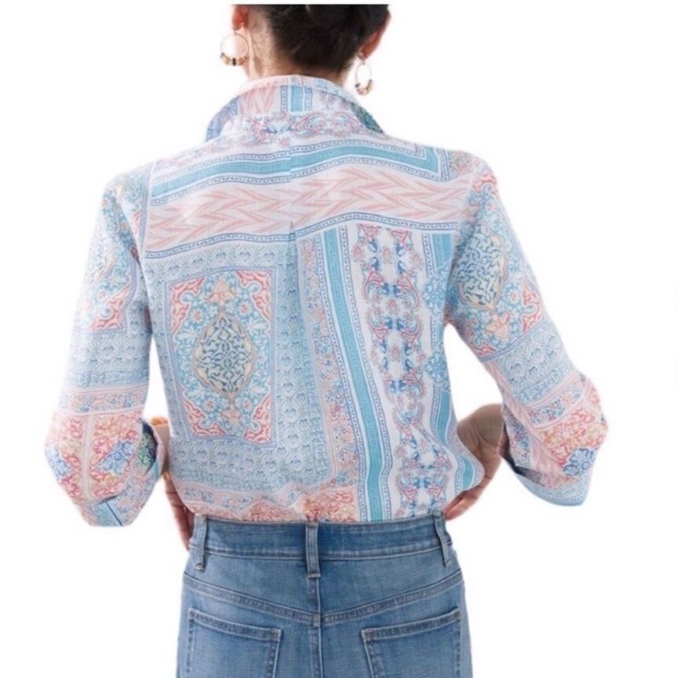 Chicos No Iron Linen Shirt Womens 2.5 L XL Patchwork Paisley 3/4 Sleeve Blouse