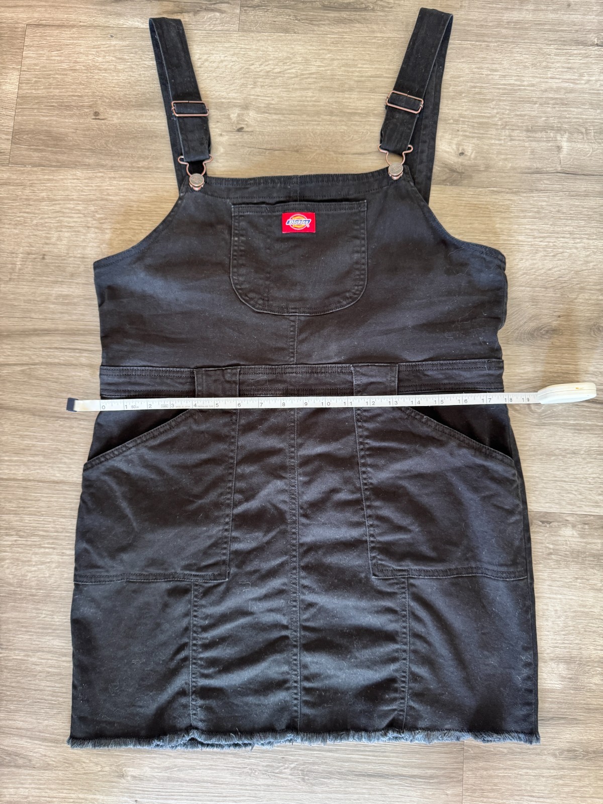 Dickies Black Denim Overall Dress Raw Hem Pinafore Jumper Size Large