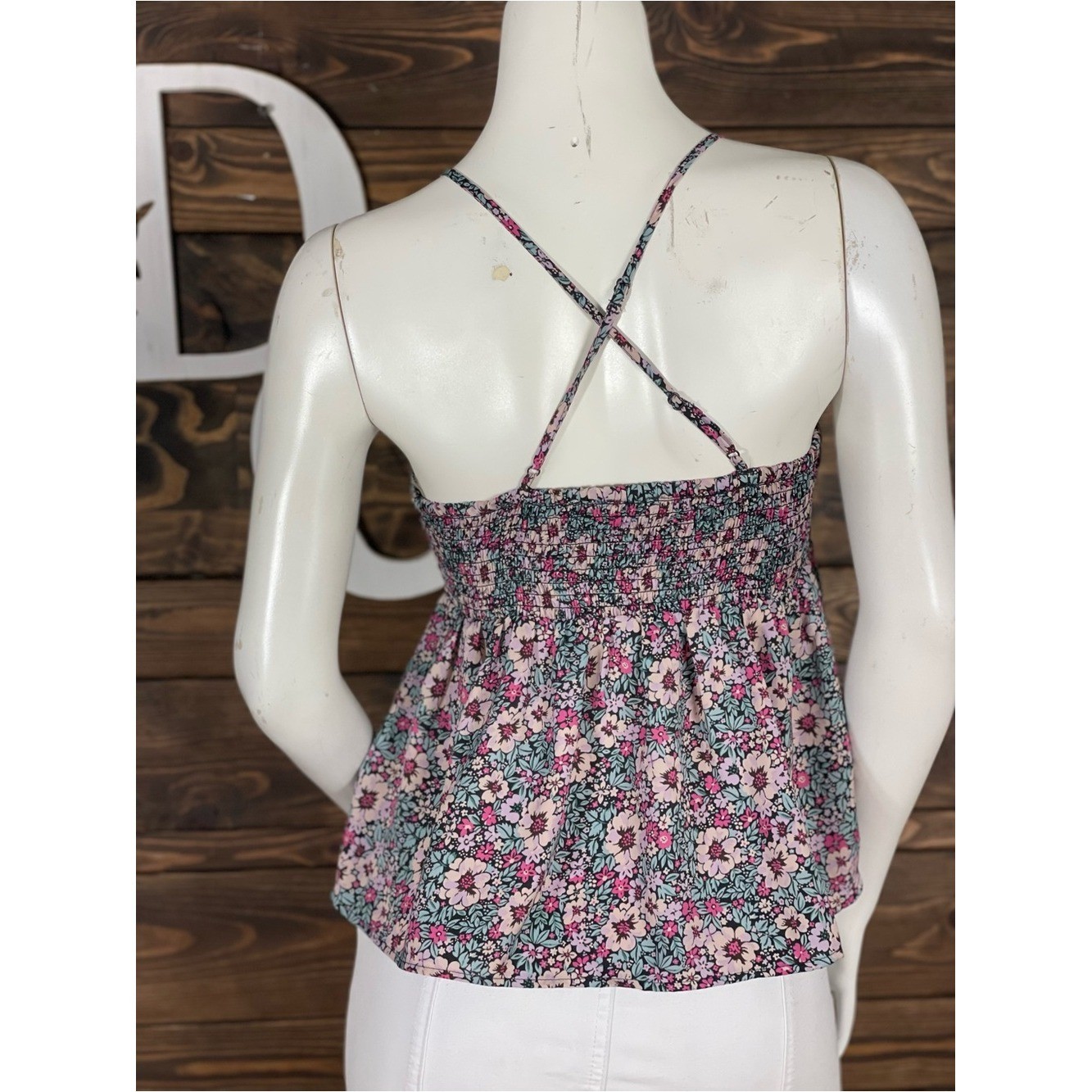 American Eagle Pink Floral Smocked Tie-Front Cami Split Keyhole Peplum Babydoll