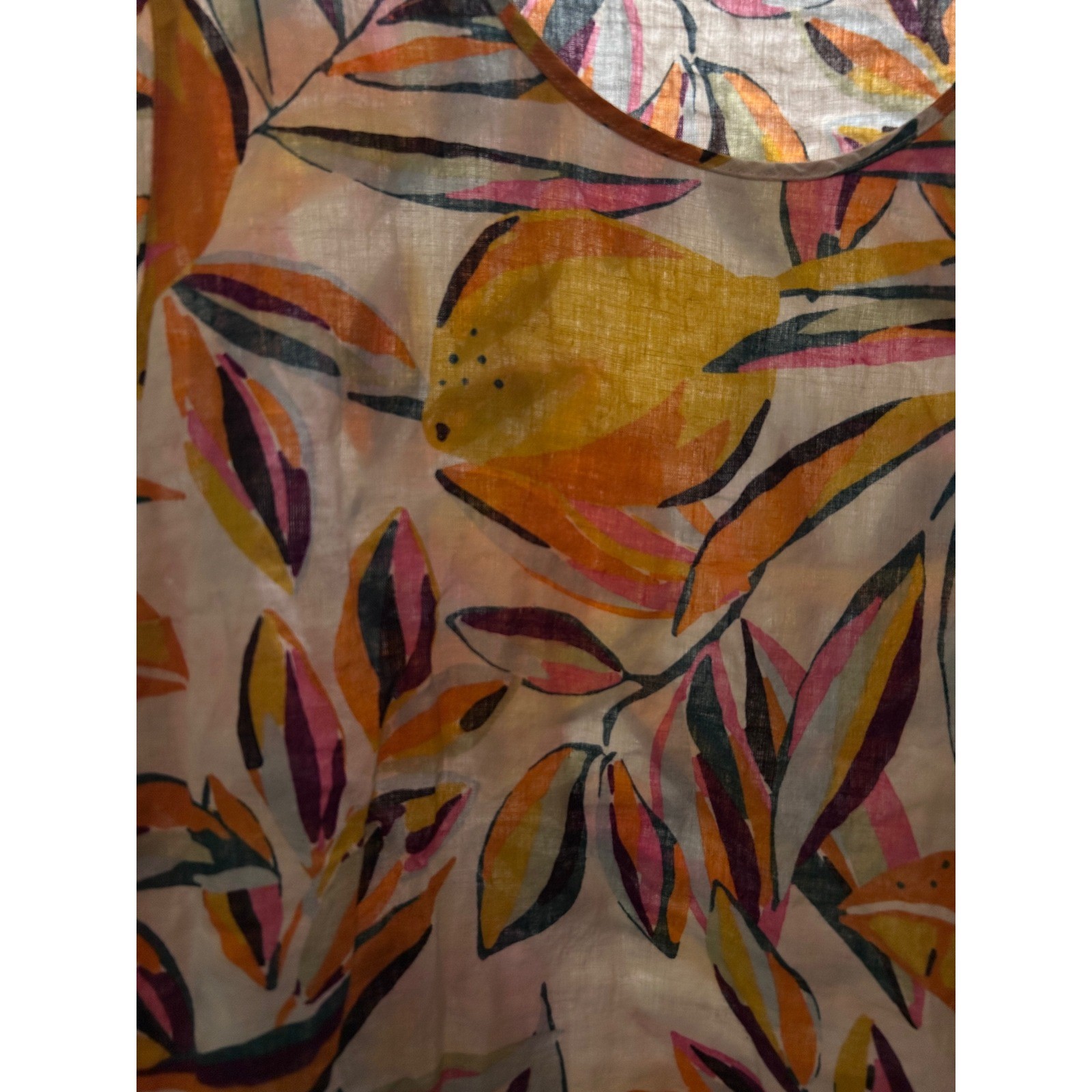 Tahari Womens 2X Linen Tropical Fruit Leaf Print Short Sleeve Blouse Top Multi
