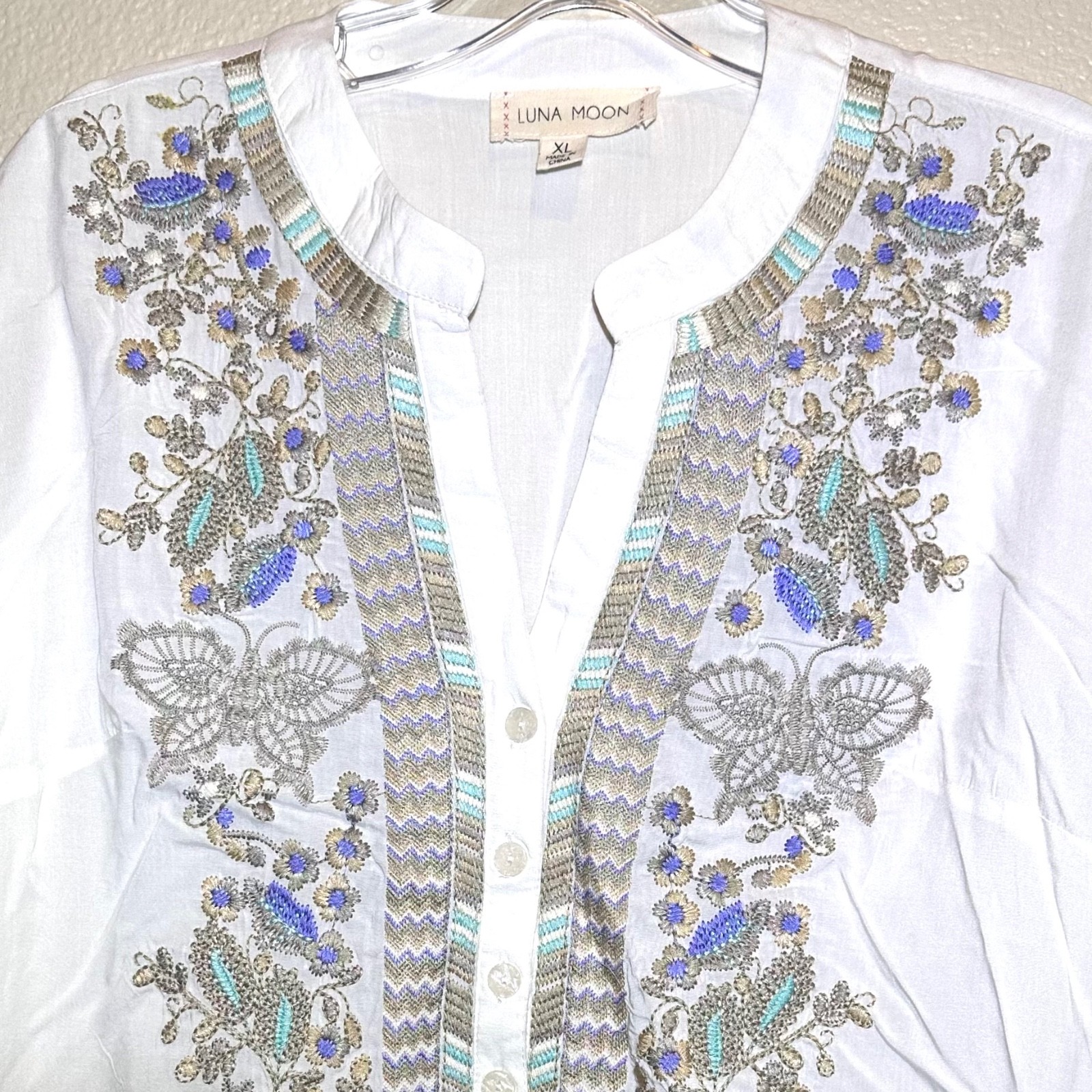 Luna Moon Embroidered Boho Women’s Boho Tunic Long Folding Sleeves Neutral XL