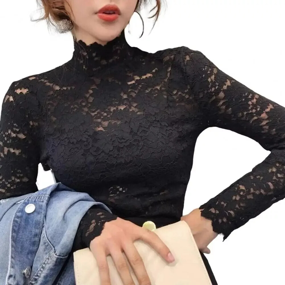 Women Turtleneck Blouse Floral Lace Long Sleeve Tops Hollow Sheer Shirt Pullover