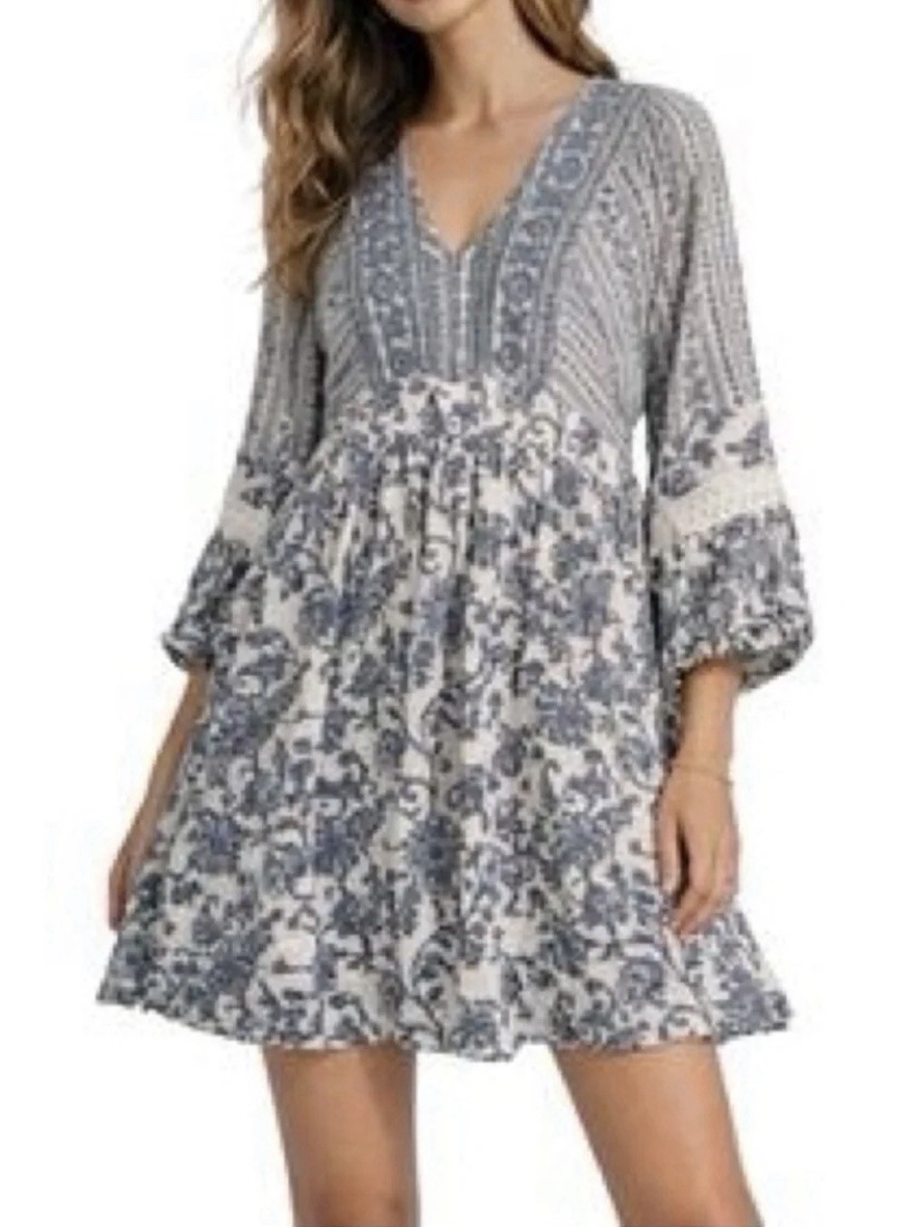 Sincerely Jules Blue Floral Boho Mini Dress Size Small Balloon Sleeve