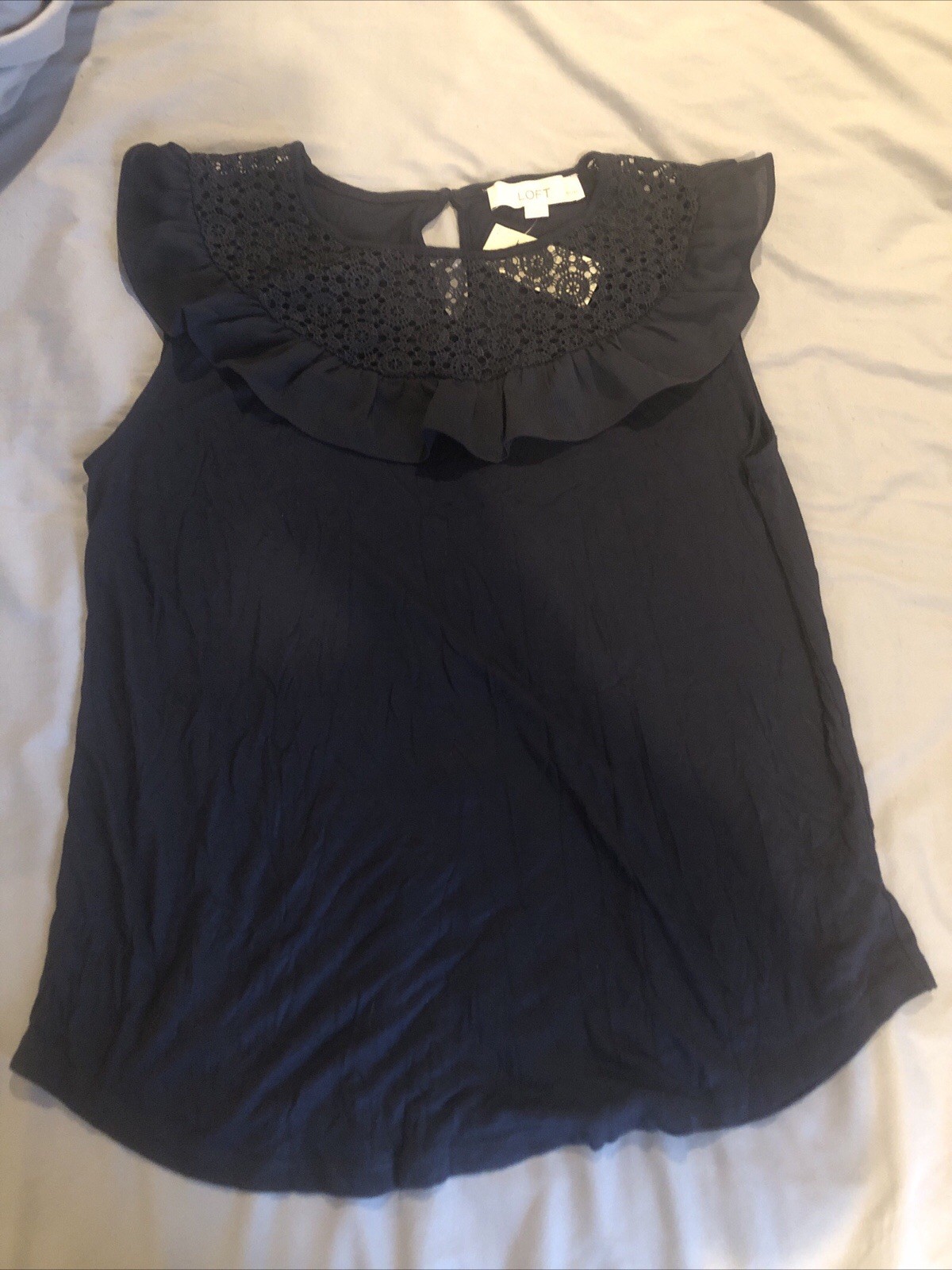 Loft Crochet Lace & Ruffle Upper/ Women’sNavy Top W/Button Hole Back Size MP