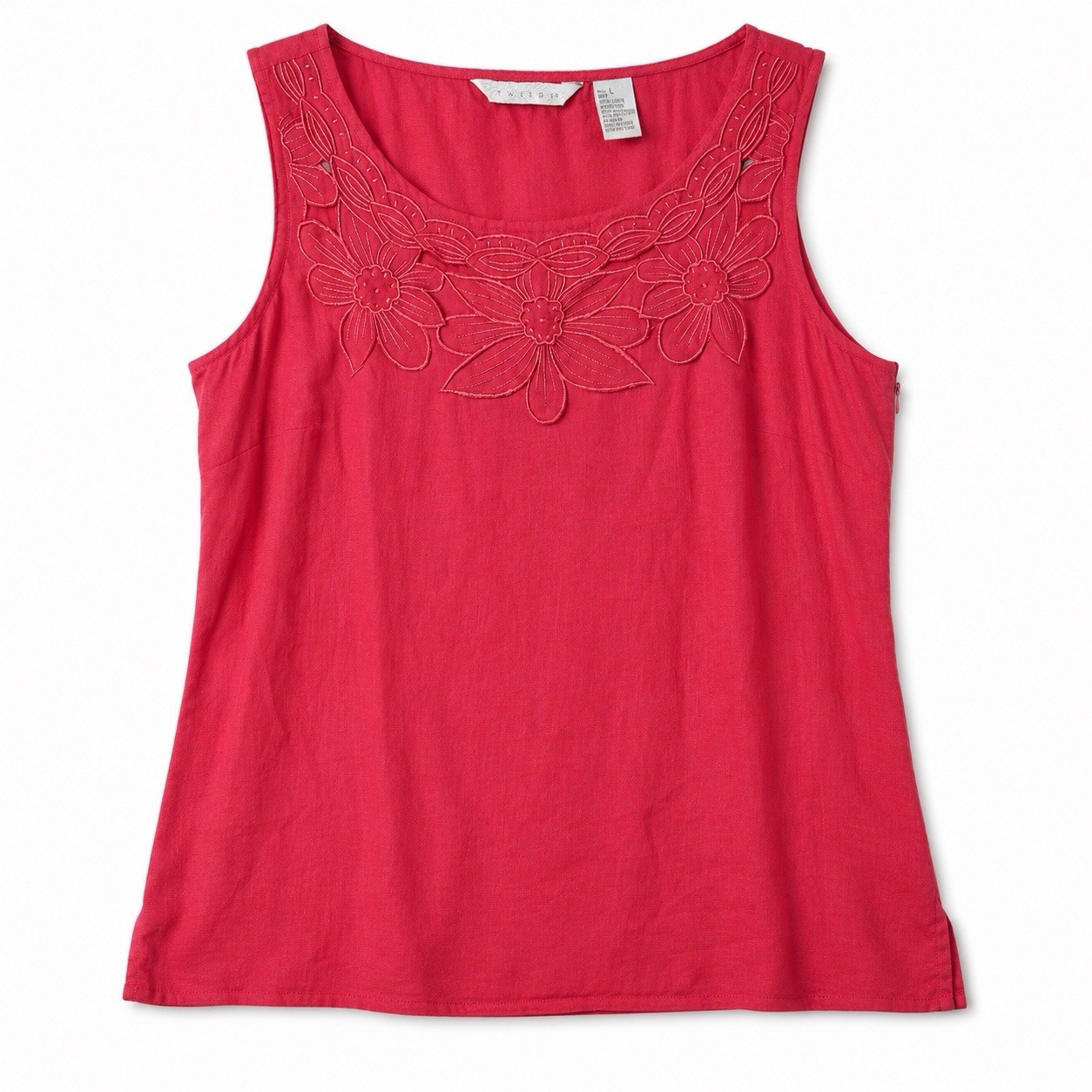 Tweeds Tank Top Women’s Large Pink Linen Floral Embroidered Zip Side Square Neck