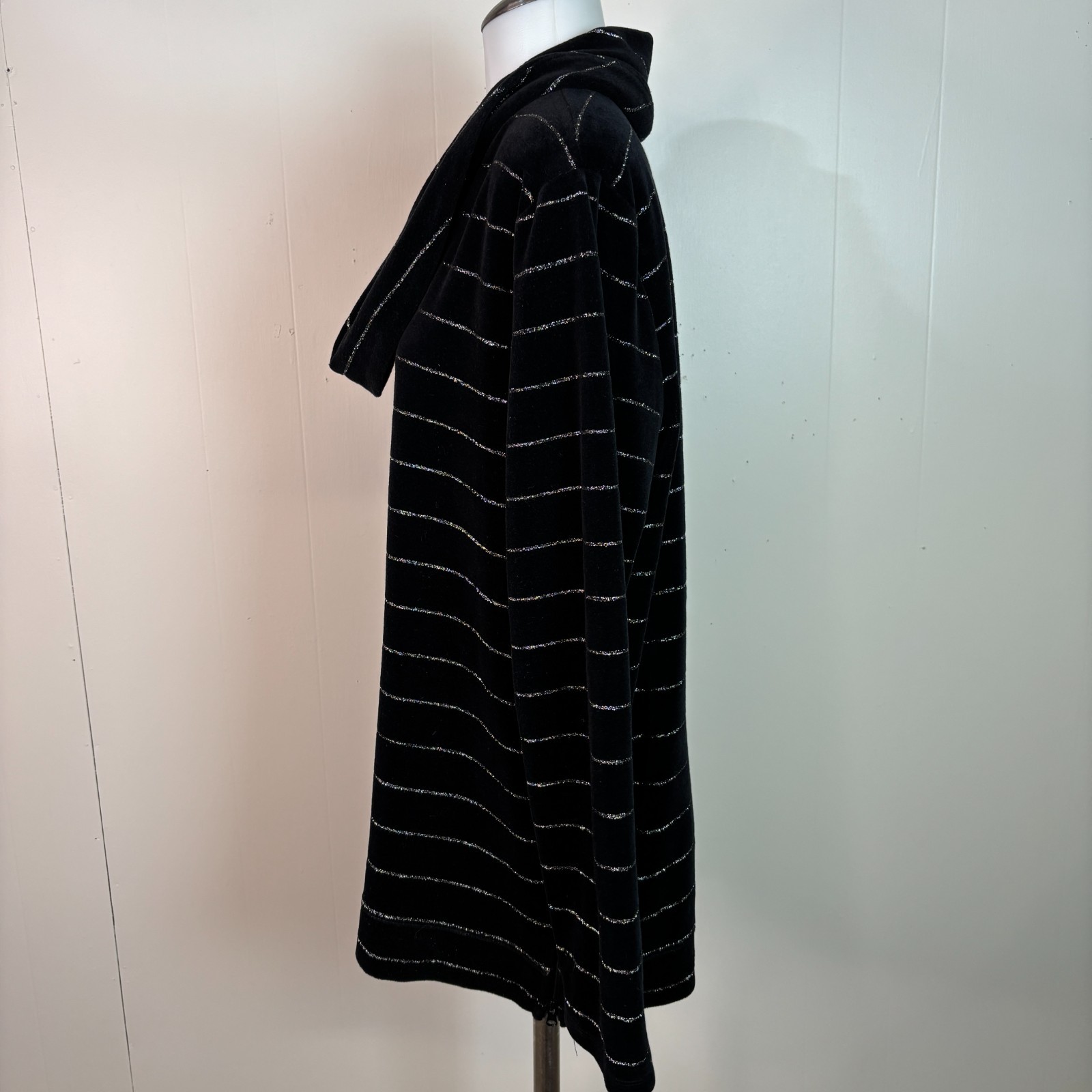 Talbots Top Large Black Velour Cowl Neck Silver Sparkle Stripe Long Sleeve Shirt