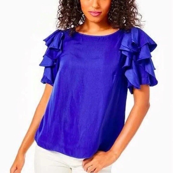 Lilly Pulitzer Women’s Sslv Flounce Galaxy Blue Satin Blouse Sz L