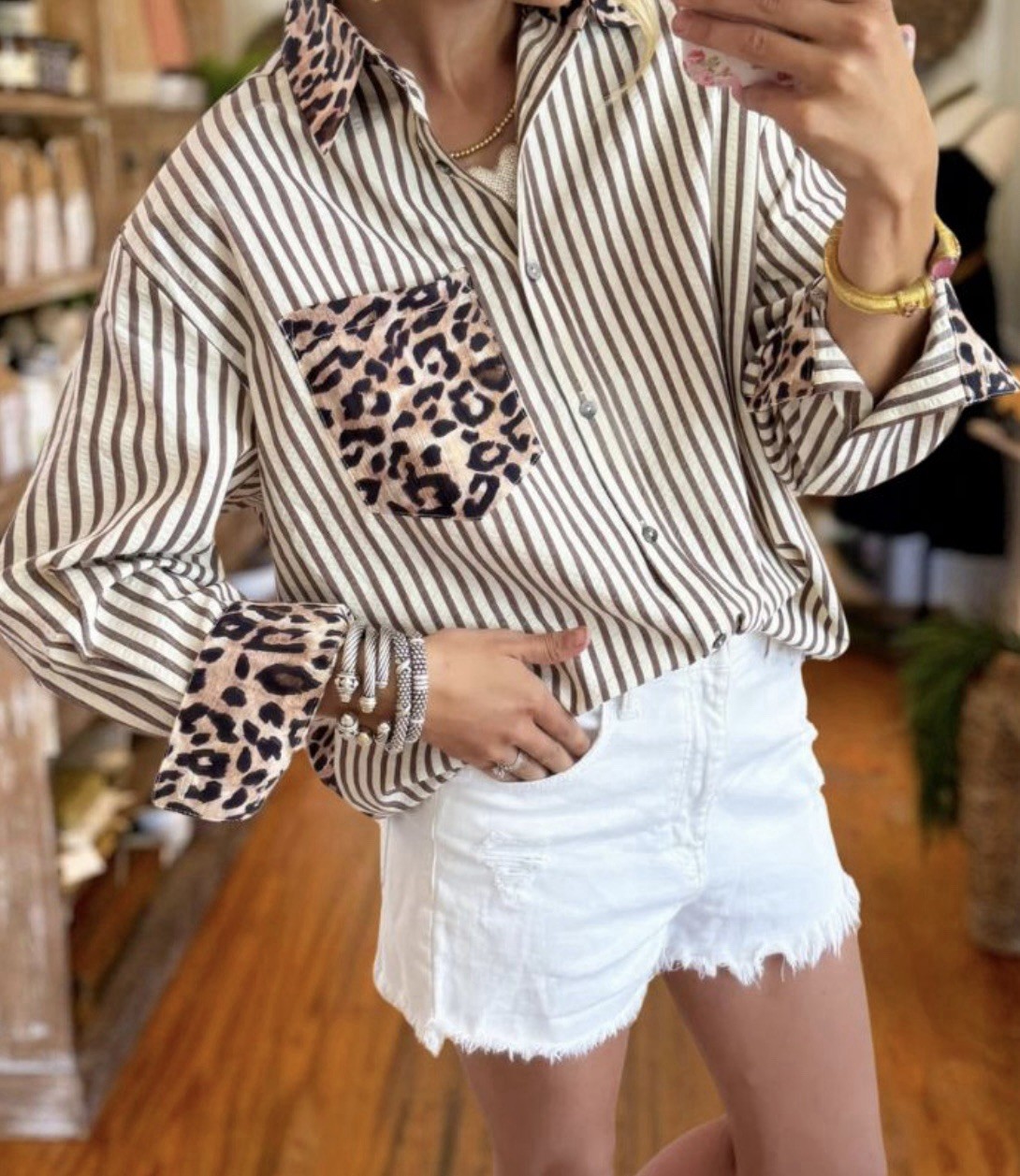Brown Stripe And Leopard Print Button Up Ladies Shirt Size Large