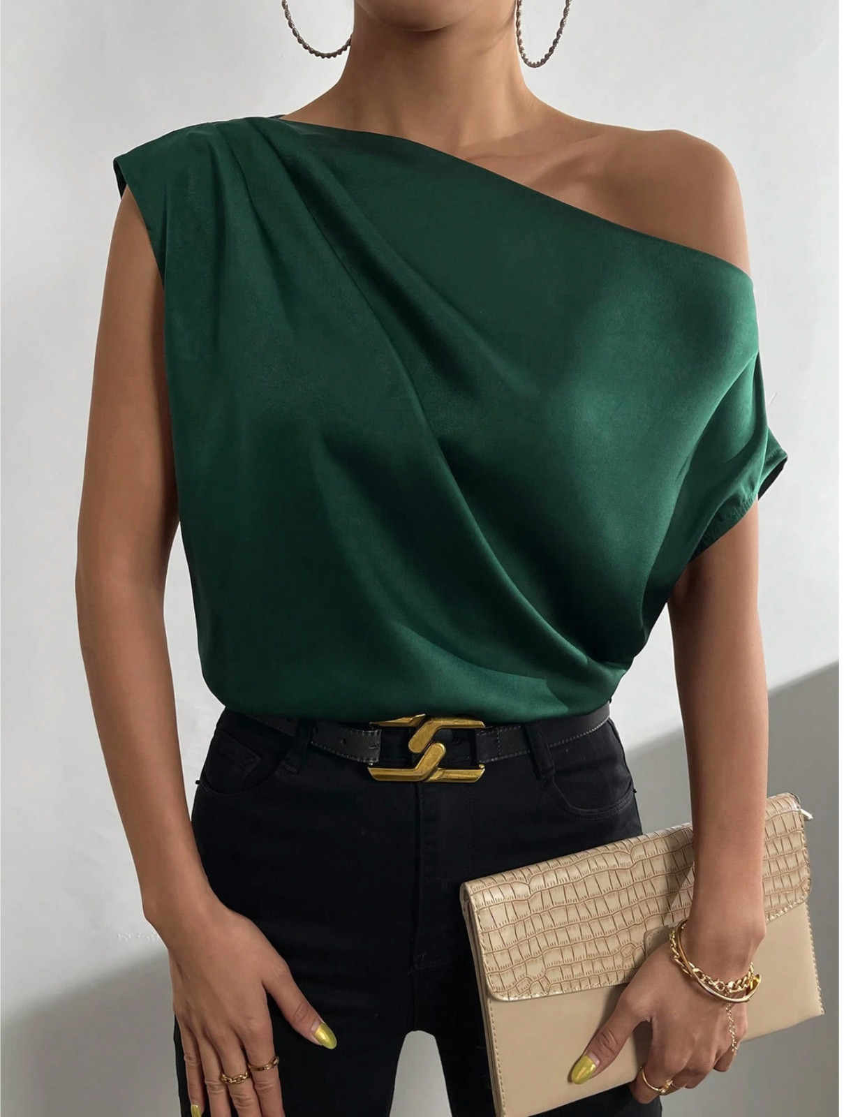 Green Raffinéa Solid Asymmetrical Neck Ruched Satin Blouse One Shoulder Top