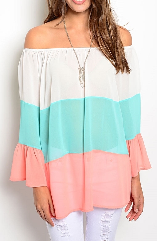 Colorblock Flutter Ruffle Sleeve Boatneck Off Shoulder Chiffon Blouse Top