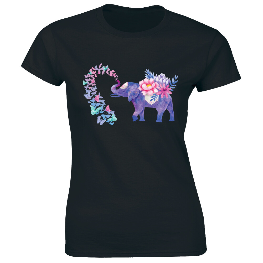 Beautiful Elephant Art Nature with Flowers and Butterflies Cute Women’s T-Shirt