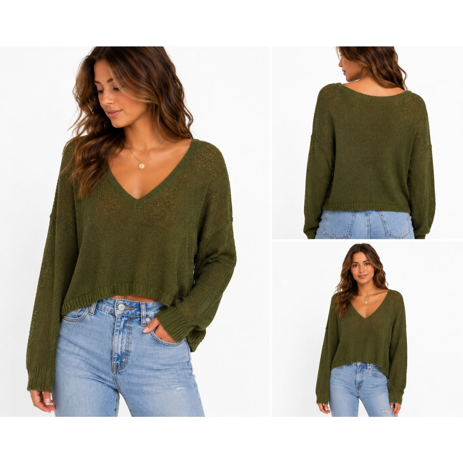 Olive Green Lightweight Open Knit Sweater Criss-Cross Back Women’s Maybe Small