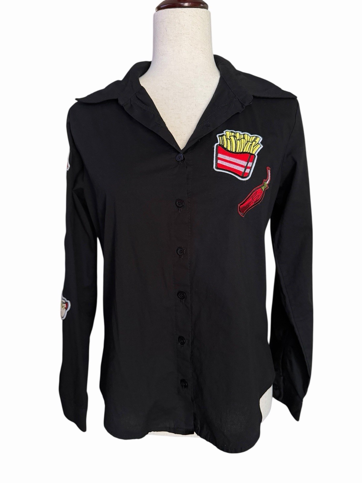 Black Pop Art Fast Food Button-Up Shirt Sz Small Patches Kitsch Retro Novelty