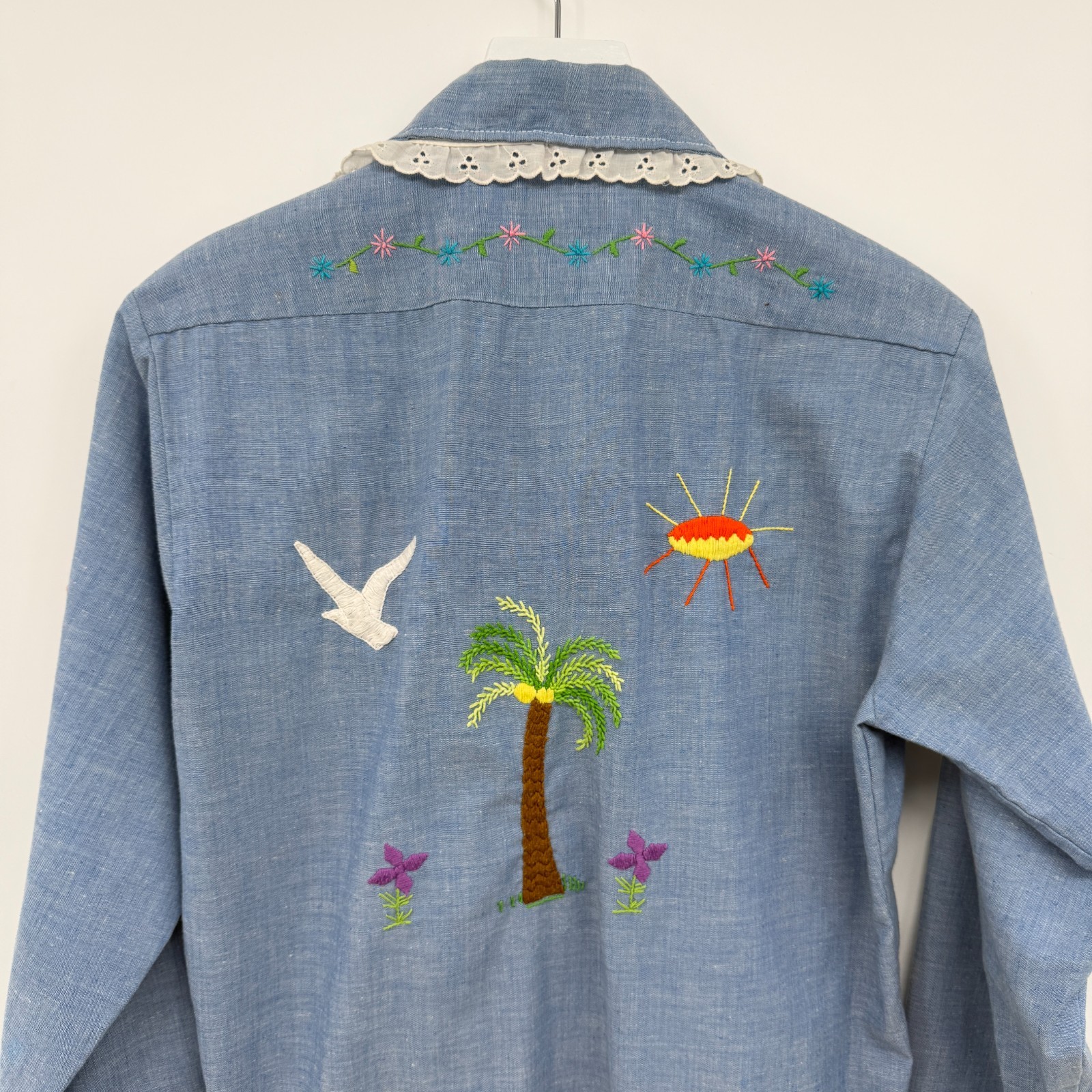 Vintage 70s Hand Embroidered Top Shirt S M Chambray Bird Butterfly Palm Tree USA