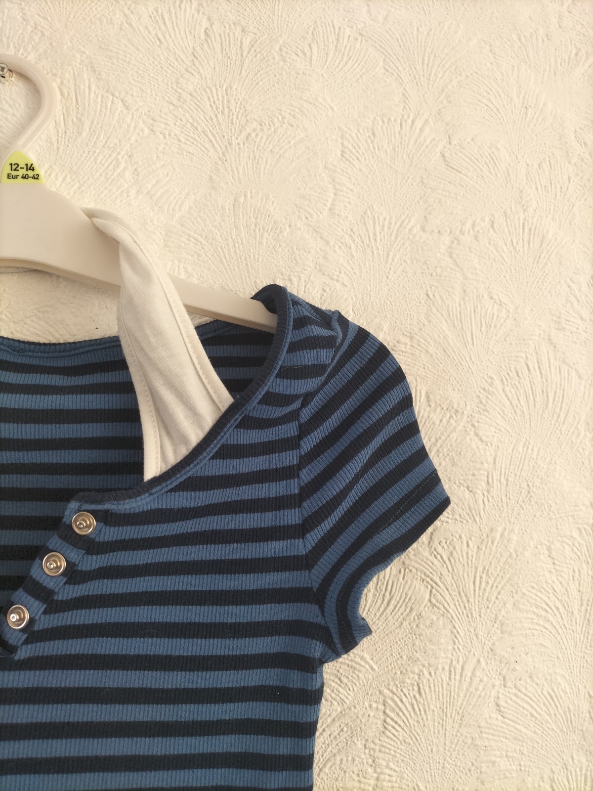 Cider Blue Cropped Top T-shirt Polo Halter Layer Striped Button Short Size S