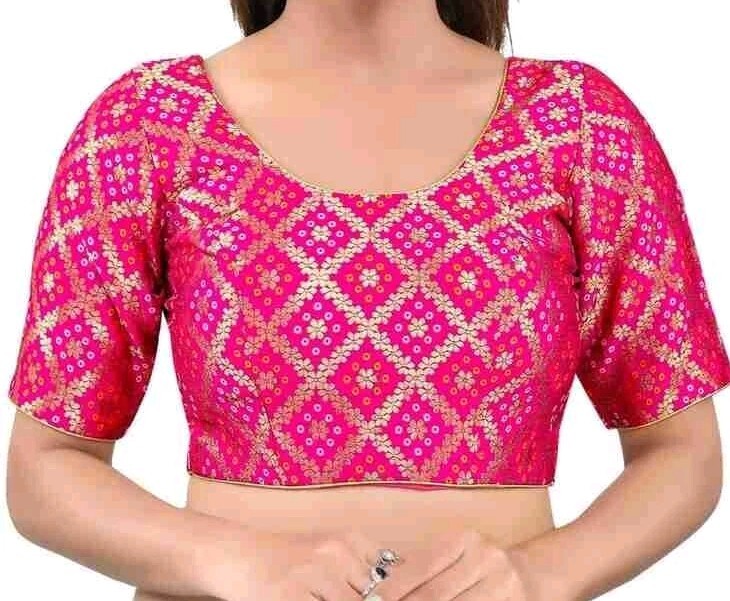Banarsi Brocade Back open Round Neck Long sleeve Wedding Wear Blouse,Sari Top