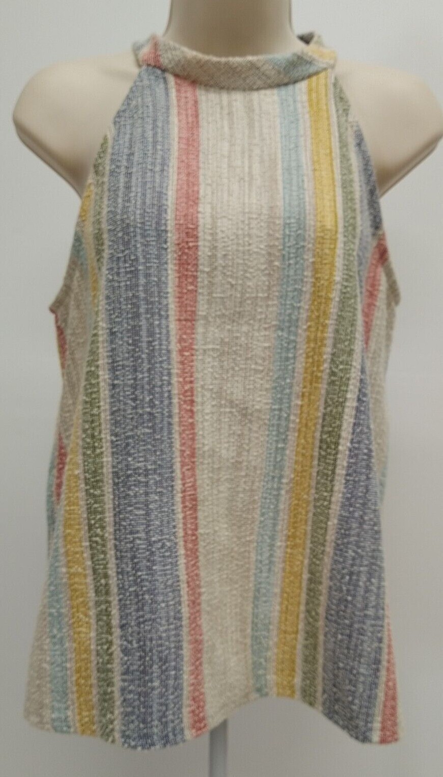 W5 Women’s TankTop White Blue Green Yellow Stripe Sleeveless Shirt Blouse Size M