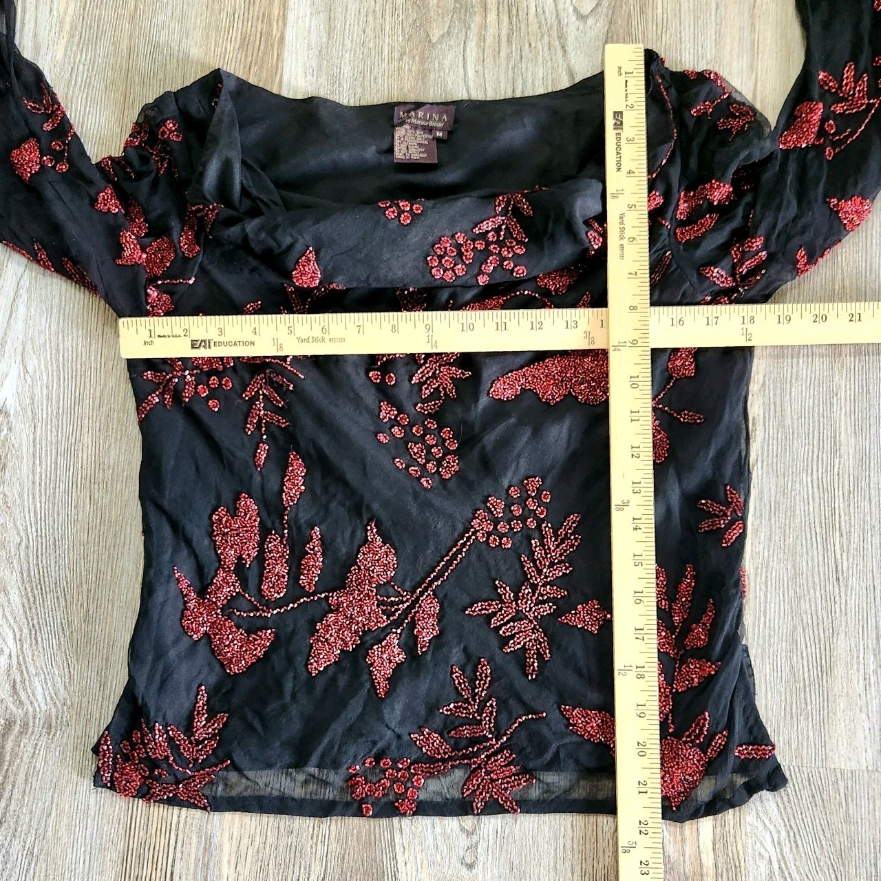 Marina Bresler Silk Beaded Drape Neck Bell Sleeve Top M Black Red Goth Boho Y2K