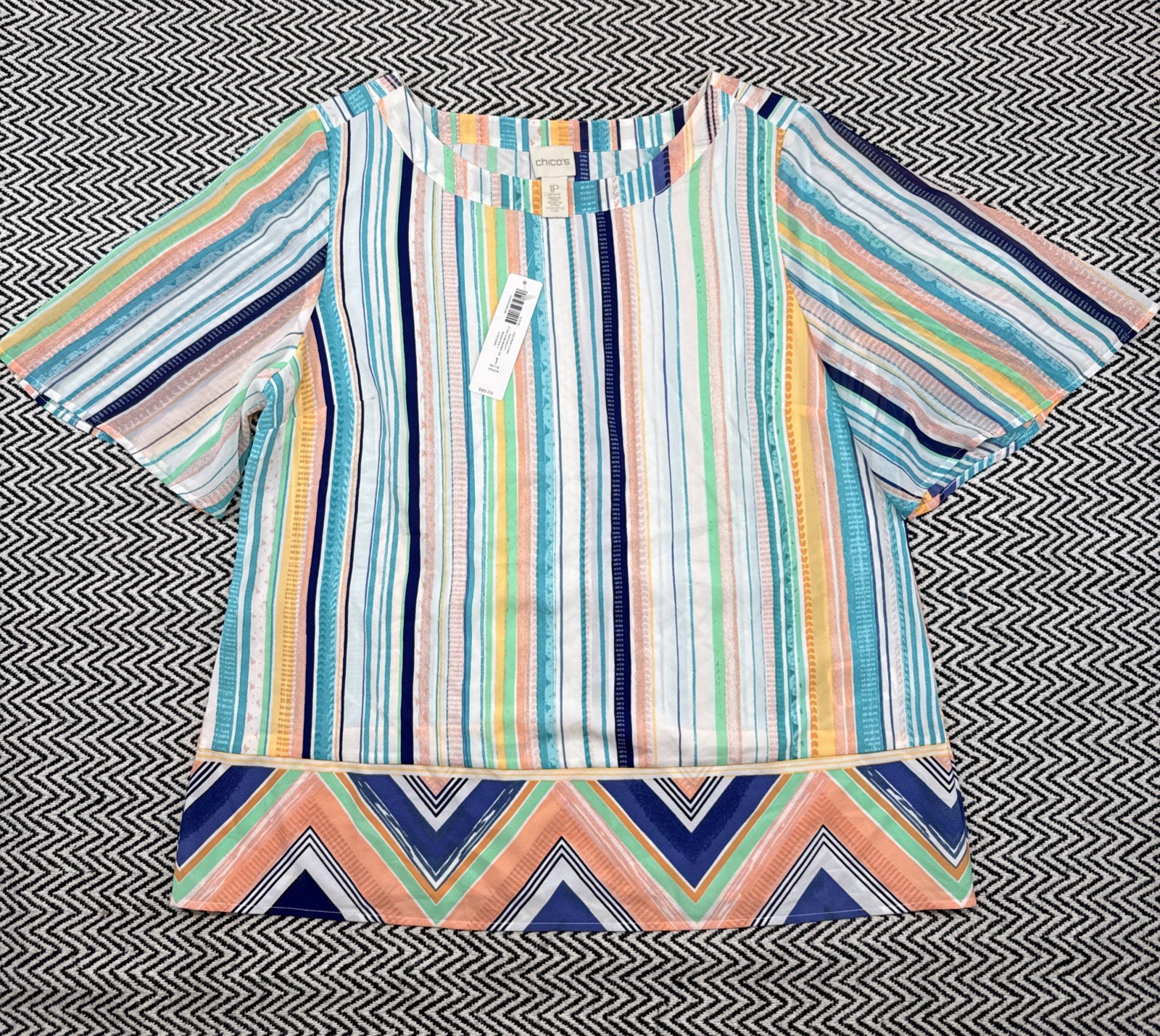 NWT Chico’s WOMENS 1 Petite 1P White,Blue,Green,Peach Chevron Stripe Popover Top
