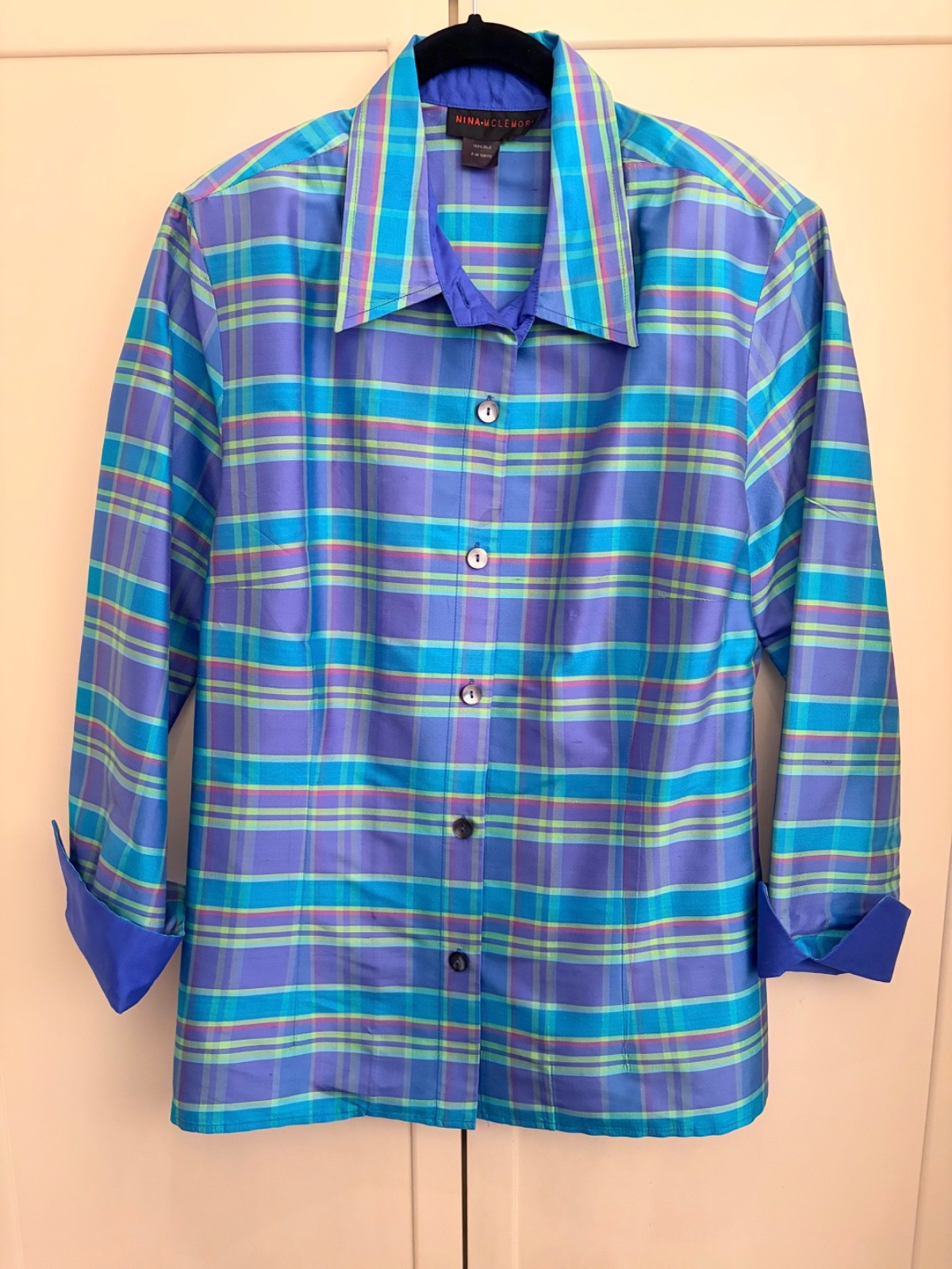 Nina McLemore 100% silk purple teal and green plaid button down