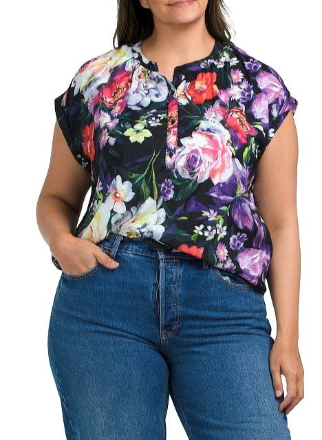 New Catherine Malandrino sz 1X Bright Painterly Florals Shirt Silky Stretch Poly
